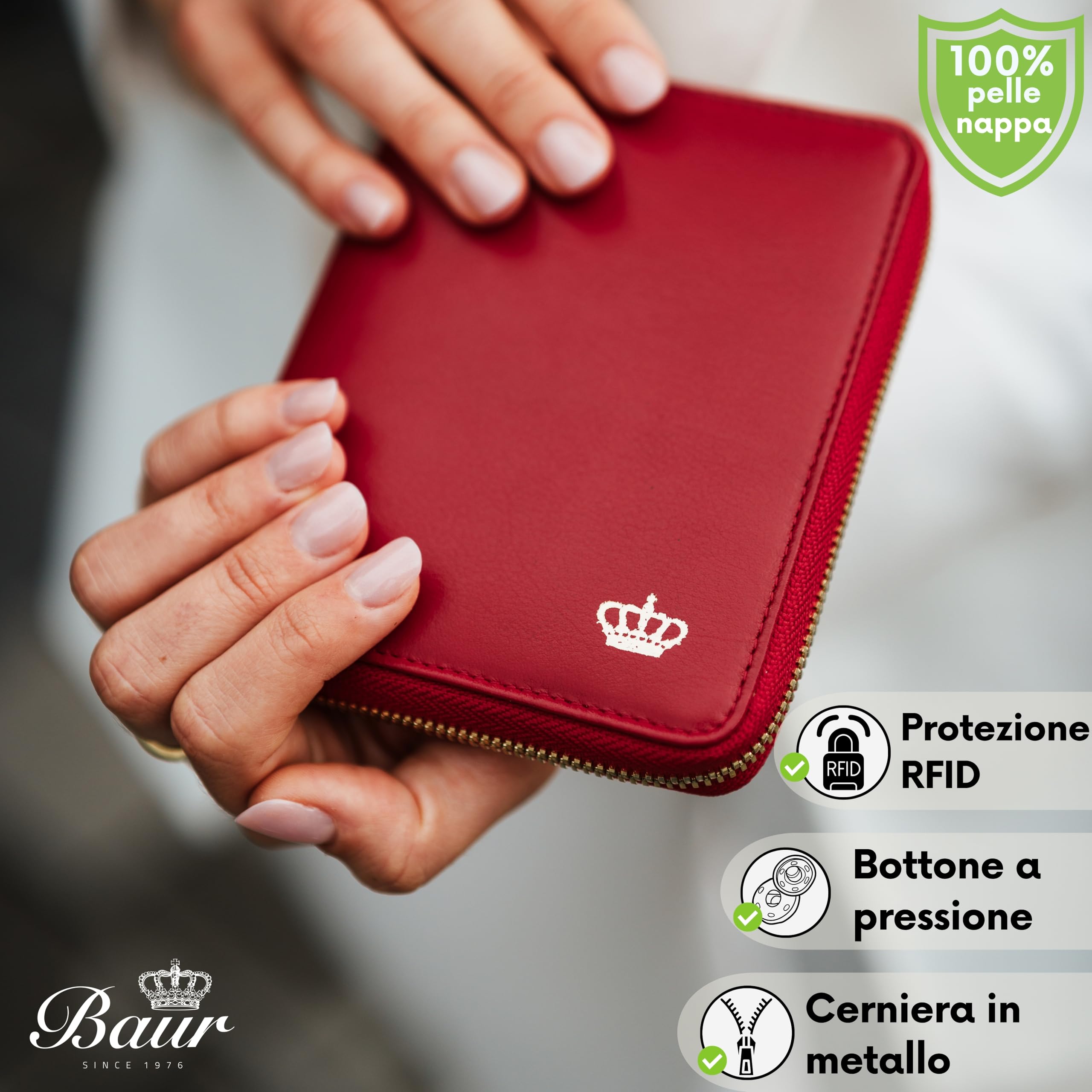 Baur portafoglio da donna – vera pelle nappa con protezione RFID – portamonete con molti scomparti carte e scomparto monete con bottone – cerniera metallica perimetrale (Cerniera oro, Rosso)