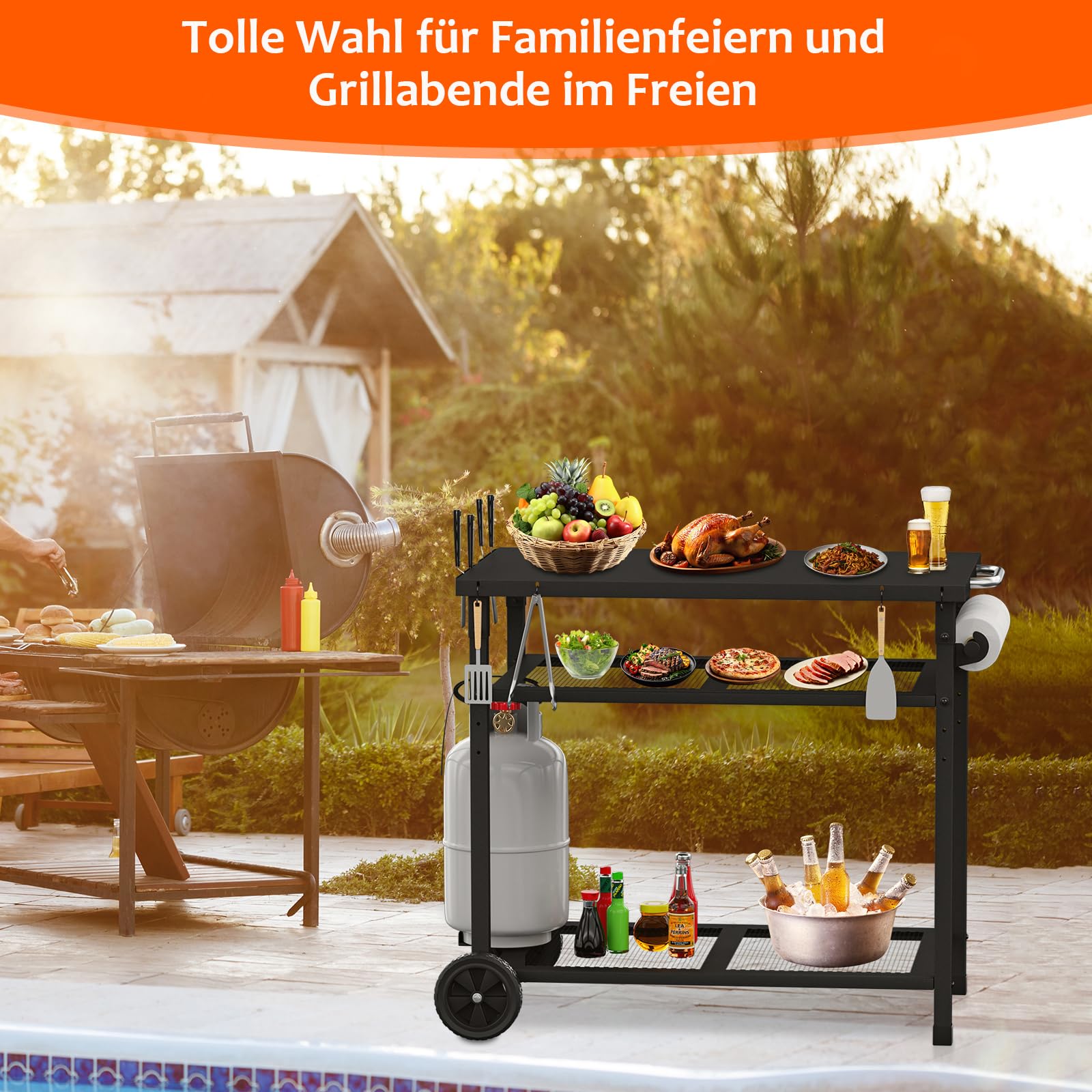 Carrito de barbacoa multifuncional, 3 niveles, carrito de cocina con soporte para toallas de papel y ganchos, mesa auxiliar para exteriores (negro)