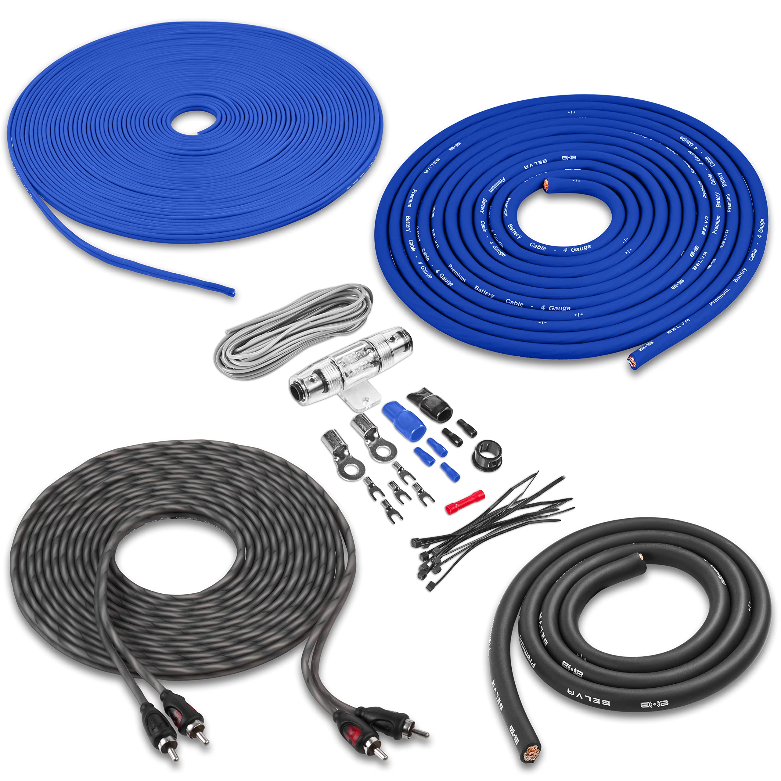 BELVA True 4 Gauge AWG Premium CCA Complete Amplifier Wiring Kit with OFC 2-Channel RCA Cable - BAK42BL Blue