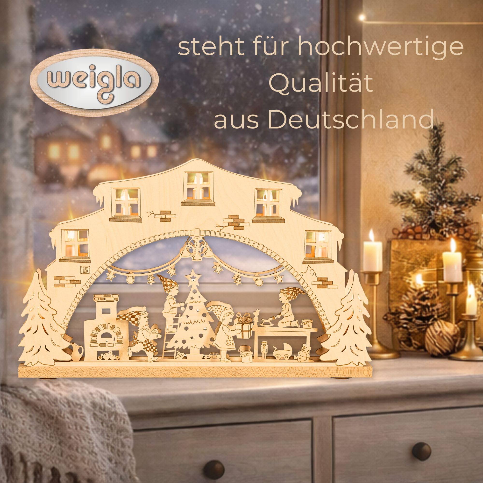 weigla - Schwibbogen original Erzgebirge I Lichterbogen Weihnachten I Motiv Wichtelwerkstatt I 7 Lampenkerzen + 1 Ersatzlampe I 7 x 34 V, 3 W, E10 I beleuchtete Weihnachtsdeko