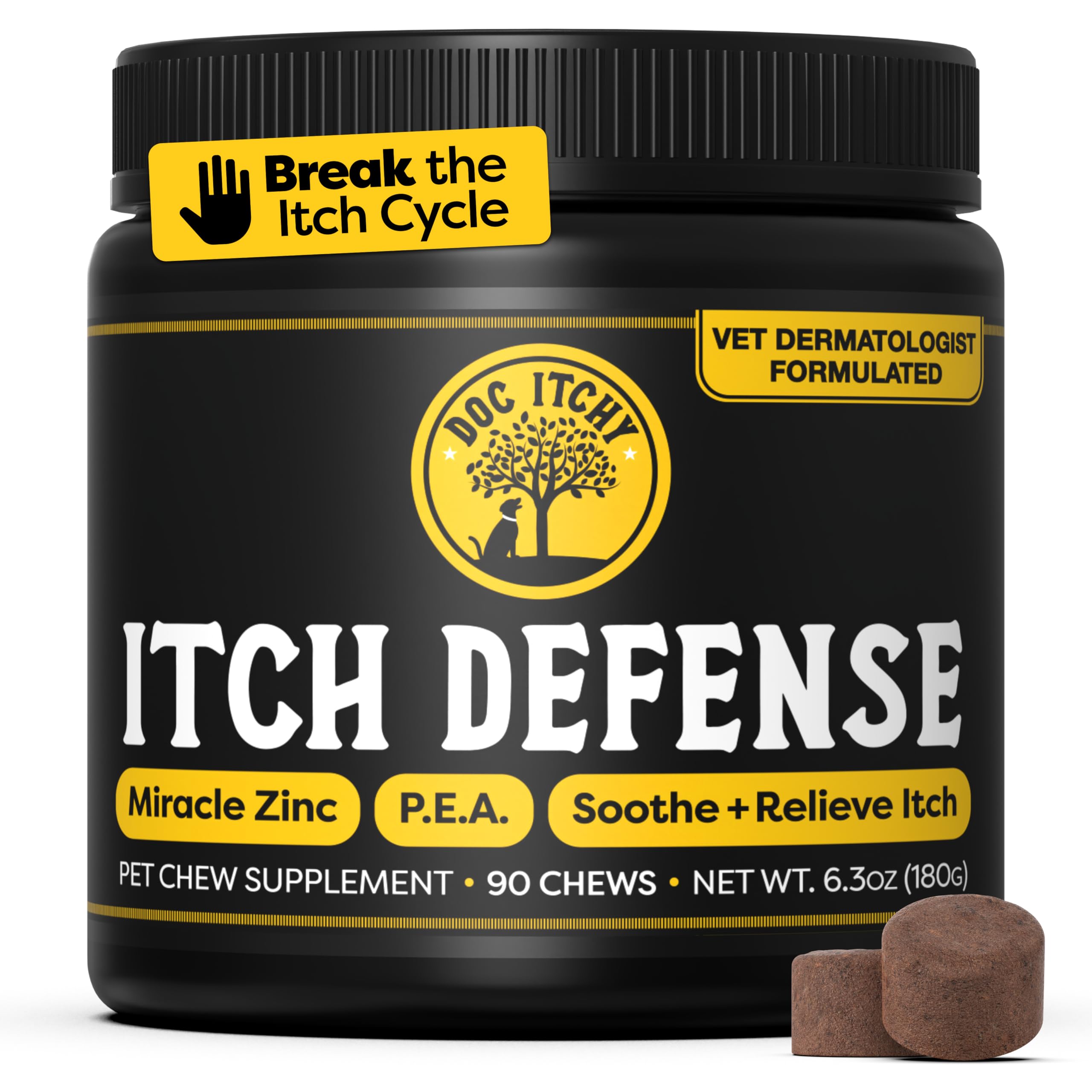 Doc Itchy: Itch Defense Dog Allergy Chews | Zinc + P.E.A. Itch & Allergy Relief Armor | Improve Paw Licking, Scratching, Hot Spots, Red Ears | Zinc Supplement for Dogs | Food Allergy Safe | 90 Chews