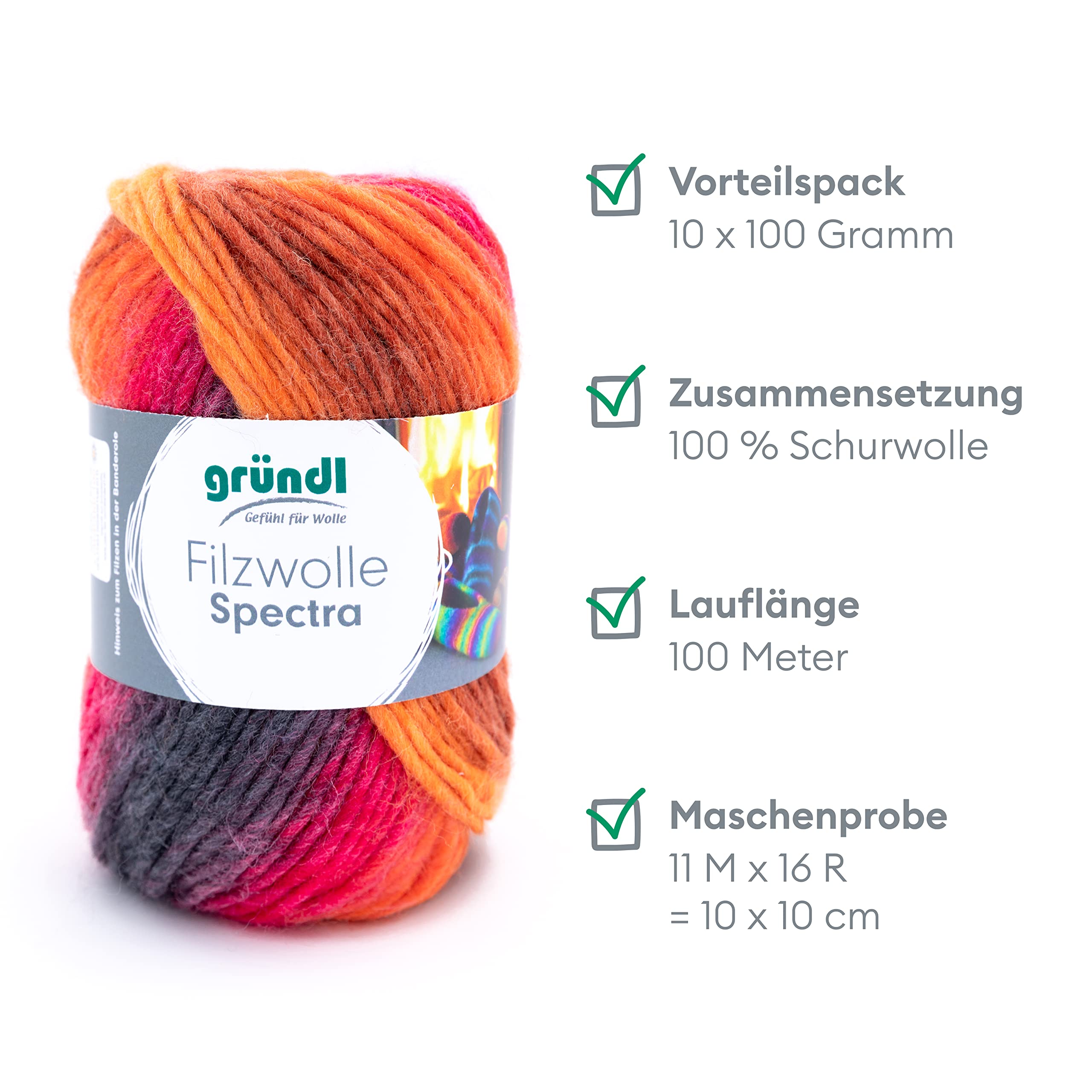 Gründl Wełna filcowa Spectra, (certyfikat Öko-Tex, 100% żywa wełna do filcowania, 100 g/100 m, 10 kłębków po 100 g), Vulcano Multicolor