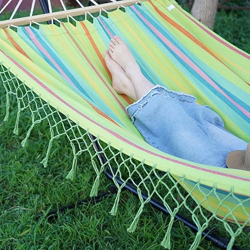 Miniatura 9 de Hamaca doble para dos personas - Hamaca artesanal de algodón natural estilo Boho con correas para árboles, para interior, exterior, patio, pórtico,