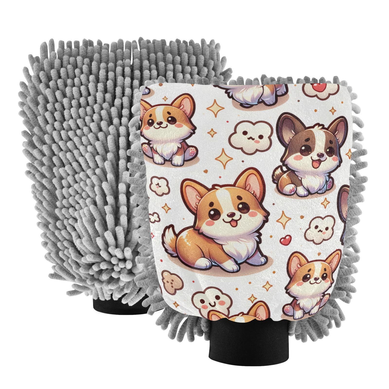 ALAZA Corgi Dog Puppy Cute Car Wash Mitt Scratch Free, 2 Pack Absorbent Microfiber/Chenille Washing & Drying Mitts, M