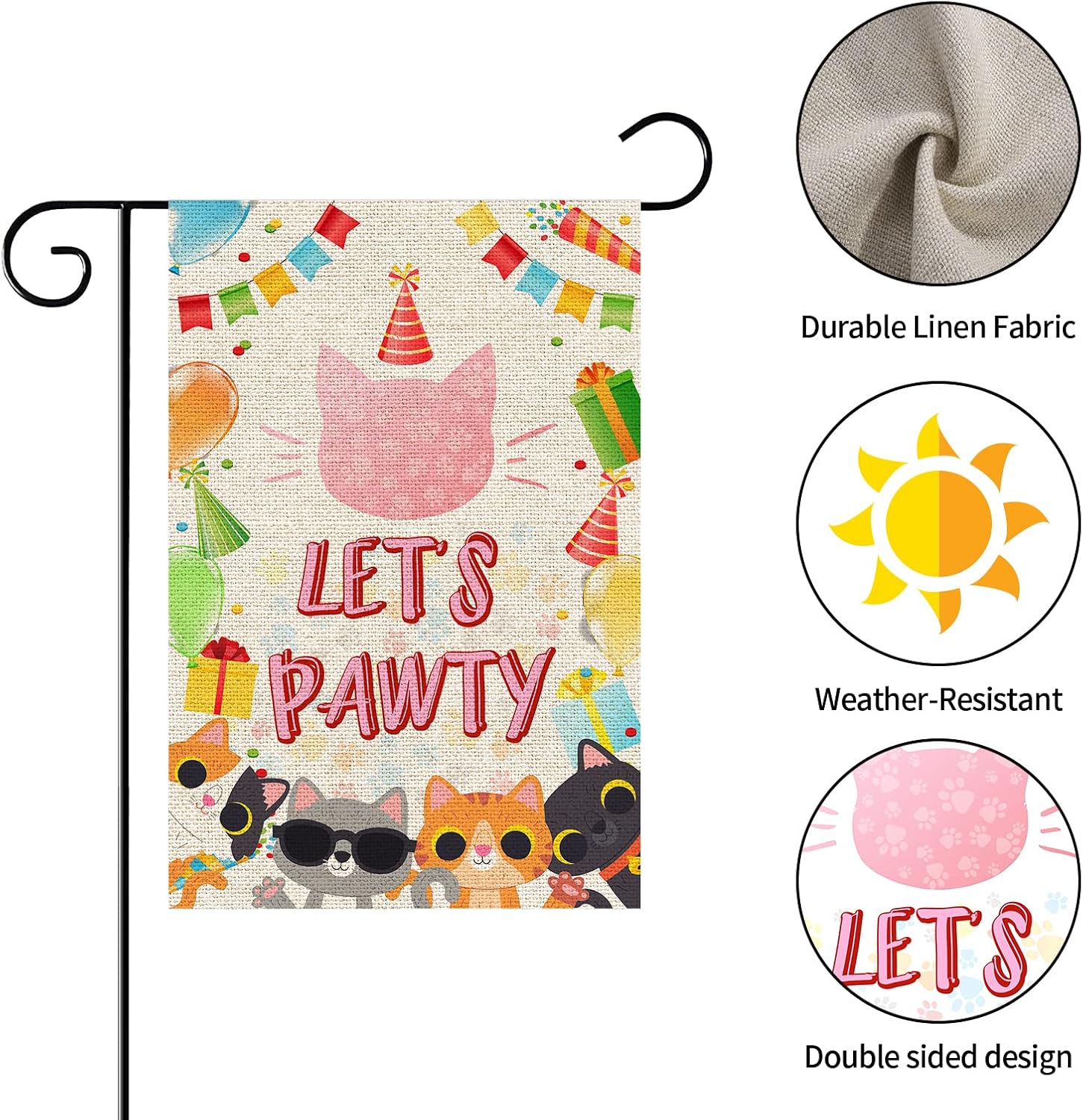 Cat Let's Pawty Garden Flag - Kitty Birthday Party Yard House Lawn Sign/Happy Birthday Kitten Door Yard Lawn Sign Decor/Pet Themed Party Outdoor Decorations, Double Side Burlap image 3