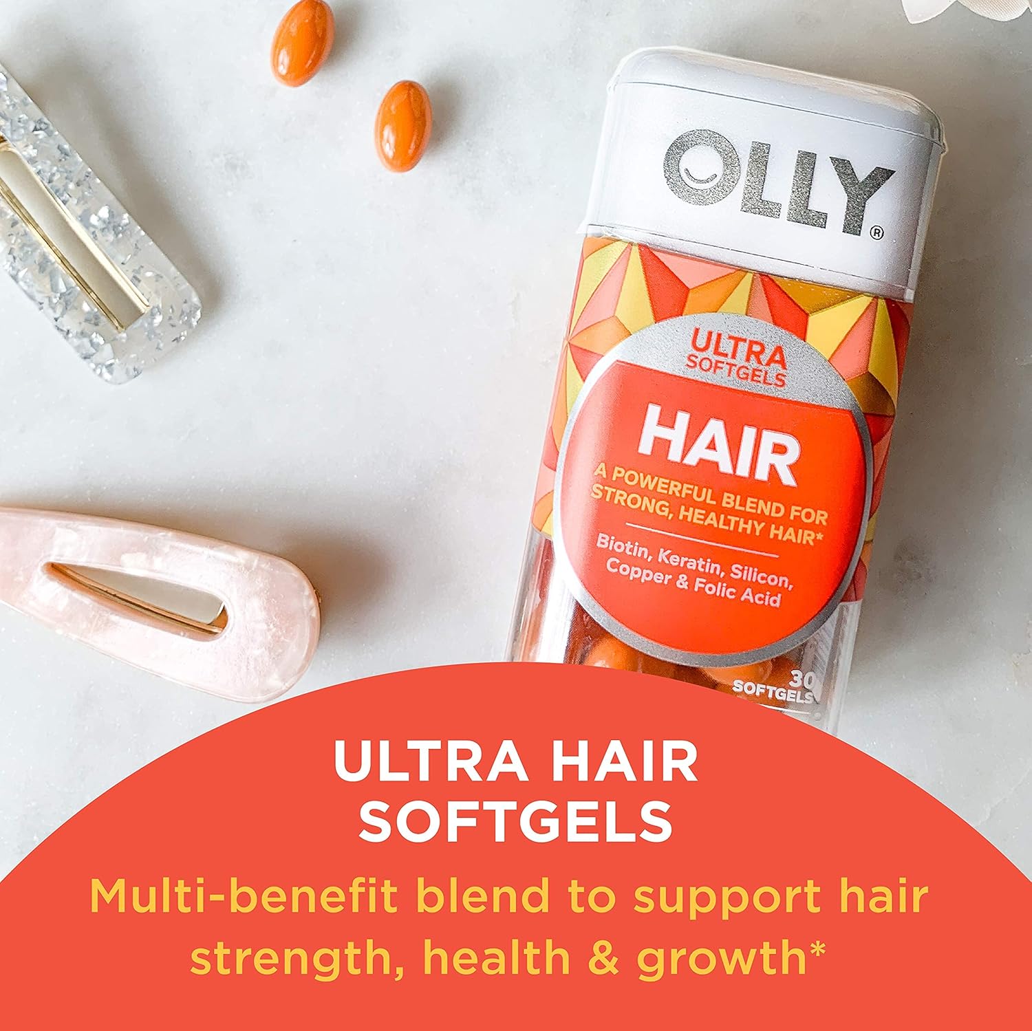 OLLY Ultra Strength Hair Softgels, Supports Hair Strength, Health and Growth, Biotin, Keratin, Vitamin D, B12, Hair Supplement, 30 Day Supply - 30 Count (Packaging May Vary) : Health & Household