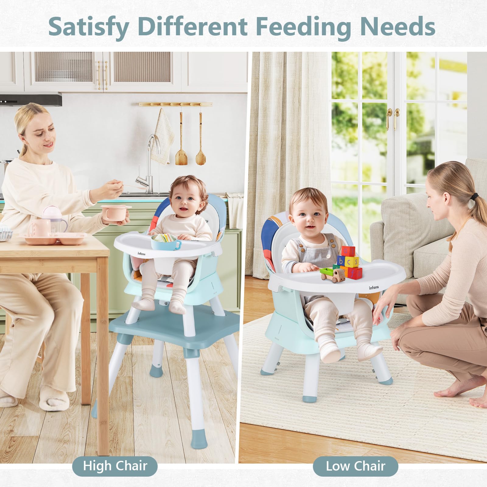 INFANS 8 in 1 Baby High Chair, Convertible Highchair for Babies and Toddlers, Infant Dining Booster Seat, Building Block Table, Kids Stool Table Chair Set with Removable Tray (8 in 1, Baby Blue)