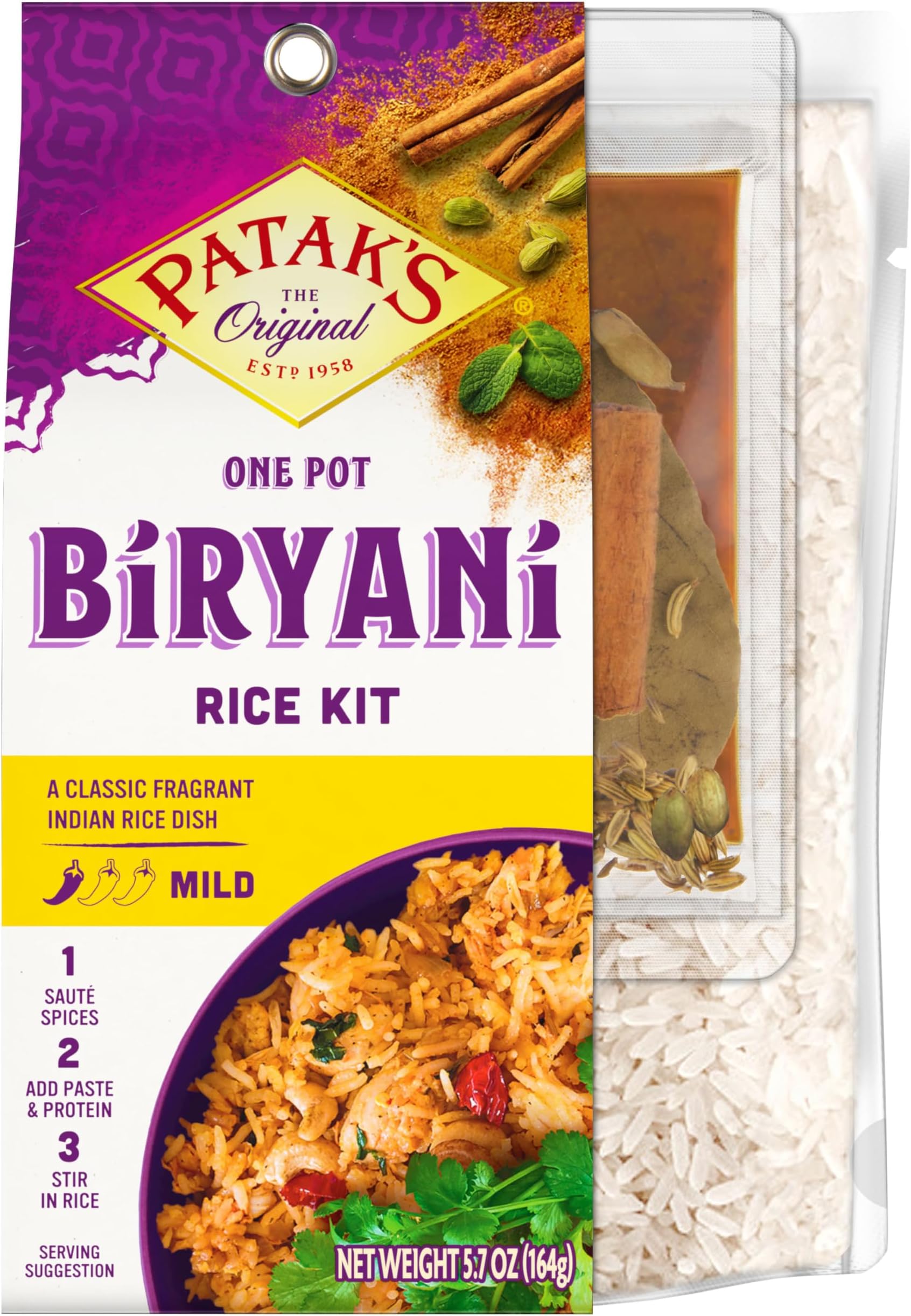 PATAK'S Biryani Rice 3-Step Kit, 5.7 Oz (Pack of 1) Pre-measured Ingredients, Fragrant Whole Spices, Biryani Curry Spice, Rice Packet, No Artificial Flavors, Vegetarian Friendly
