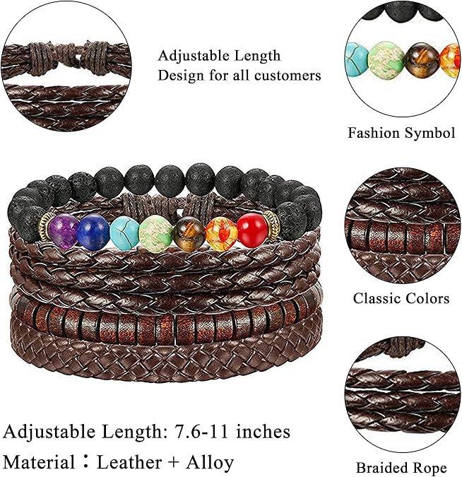 FIBO STEEL 31 PCS Braided Leather Beaded Bracelets for Men Women Set