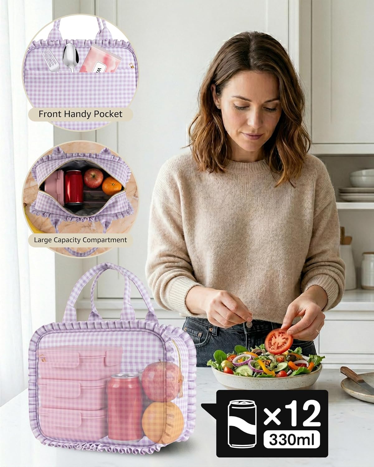 Stylish Checkered Gingham Lunch Bag for Women, Ruffled Trim Lunch Box for Adult Girls, Large Capacity Leakproof Reusable Lunch Box for Work School Picnic Travel (Purple&White)