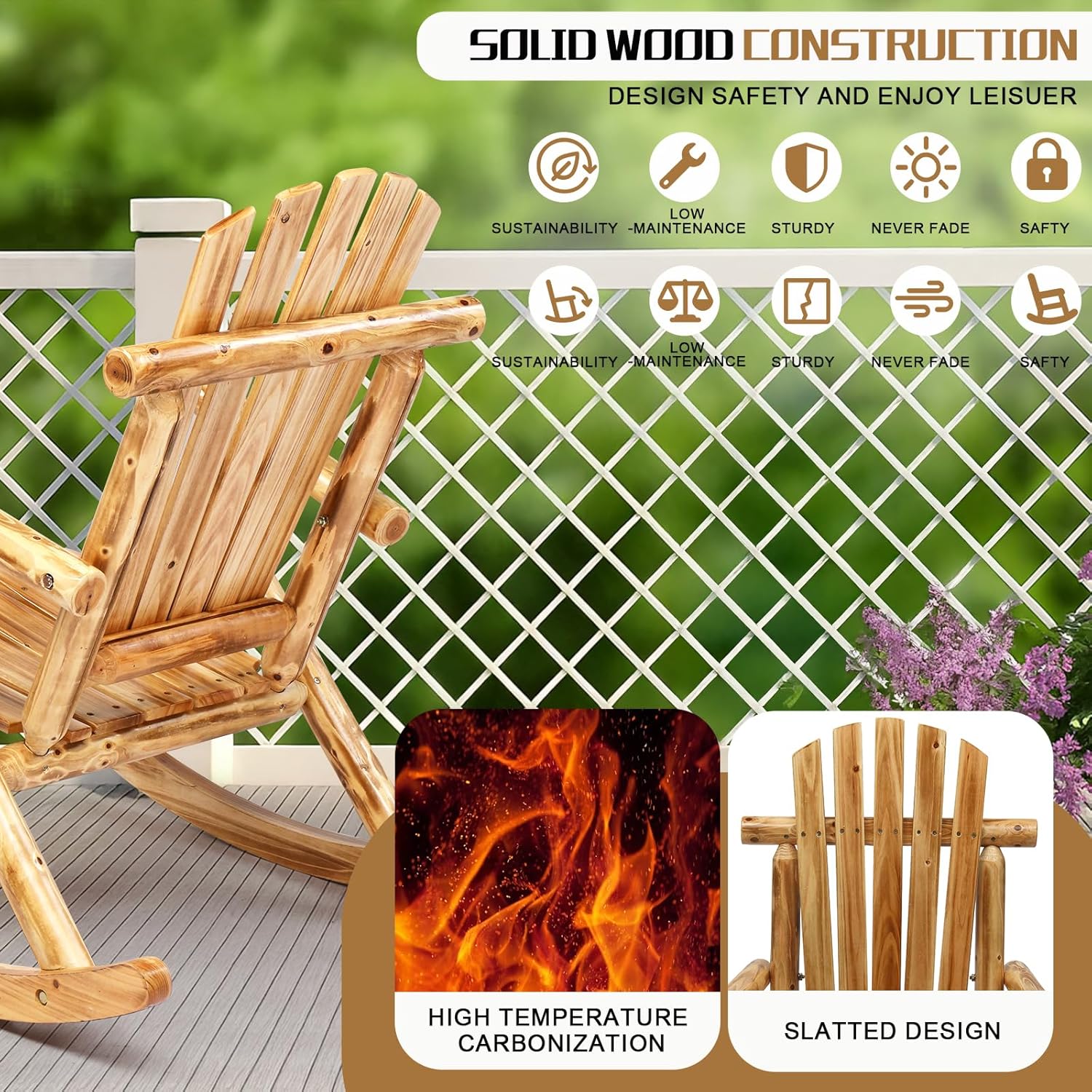 Outvita Wooden Rocking Chair Set of 2, Fir Log Adirondack Rocker, Outdoor Wood Accent Furniture Lounge Chairs for Garden Patio Backyard Porch (Light carbonized)
