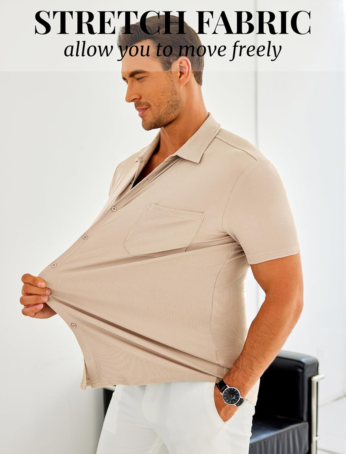 COOFANDY Men's Ribbed Button Down Shirts Short Sleeve Casual Shirt with Pocket Summer Beach Camp Tops - Image 6