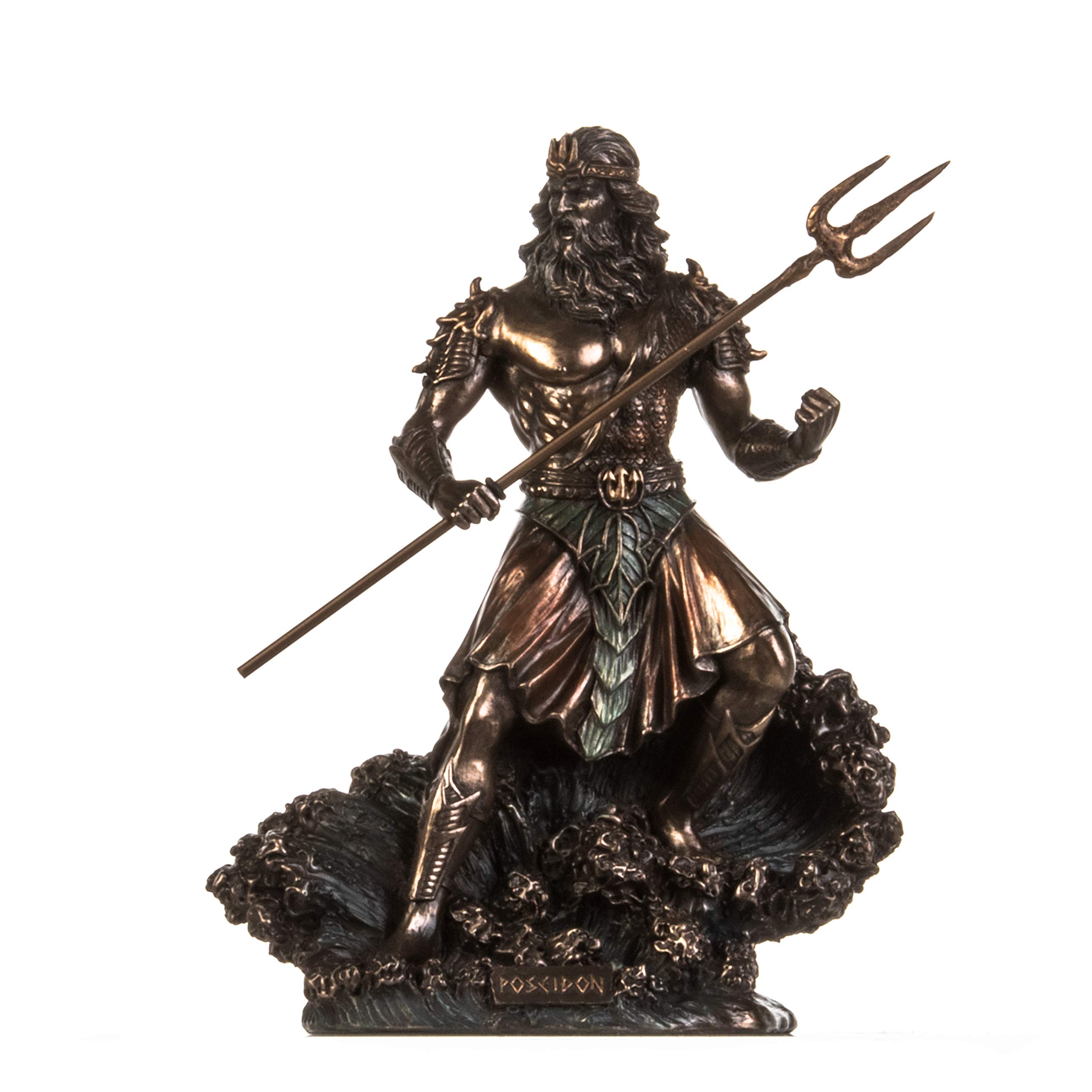 BeautifulGreekStatues Poseidon Greek God of Sea with Trident On Waves Figurine Bronze Finish 7.9 Inches