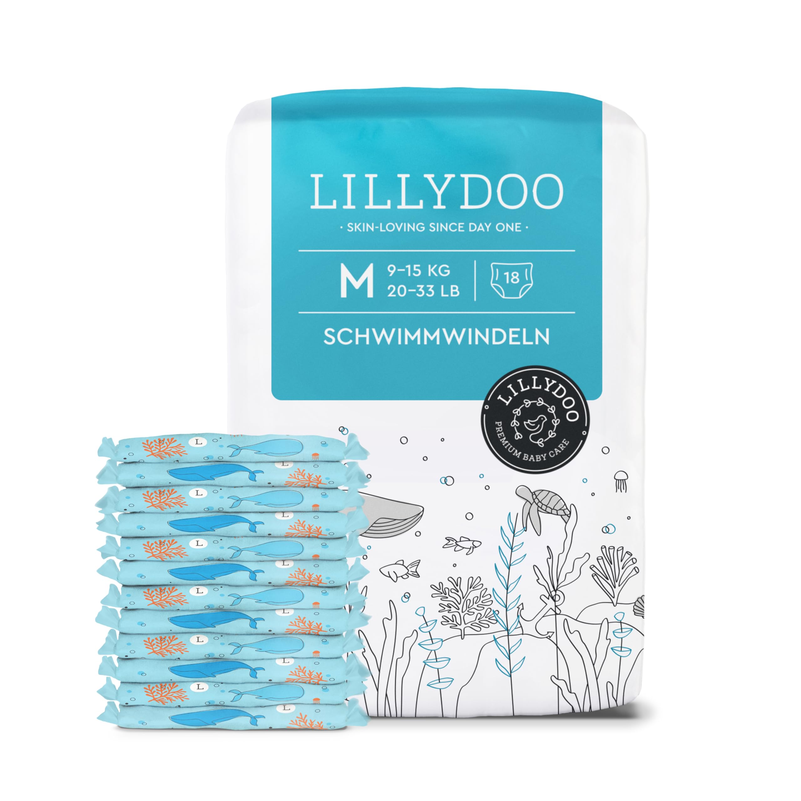 LILLYDOO hautfreundliche Einweg-Schwimmwindeln für Babys, Größe M (9-15 kg), 1 Packung (18 Stück) mit Unterwasser-Design, Windeln für sicheren Schutz im Wasser