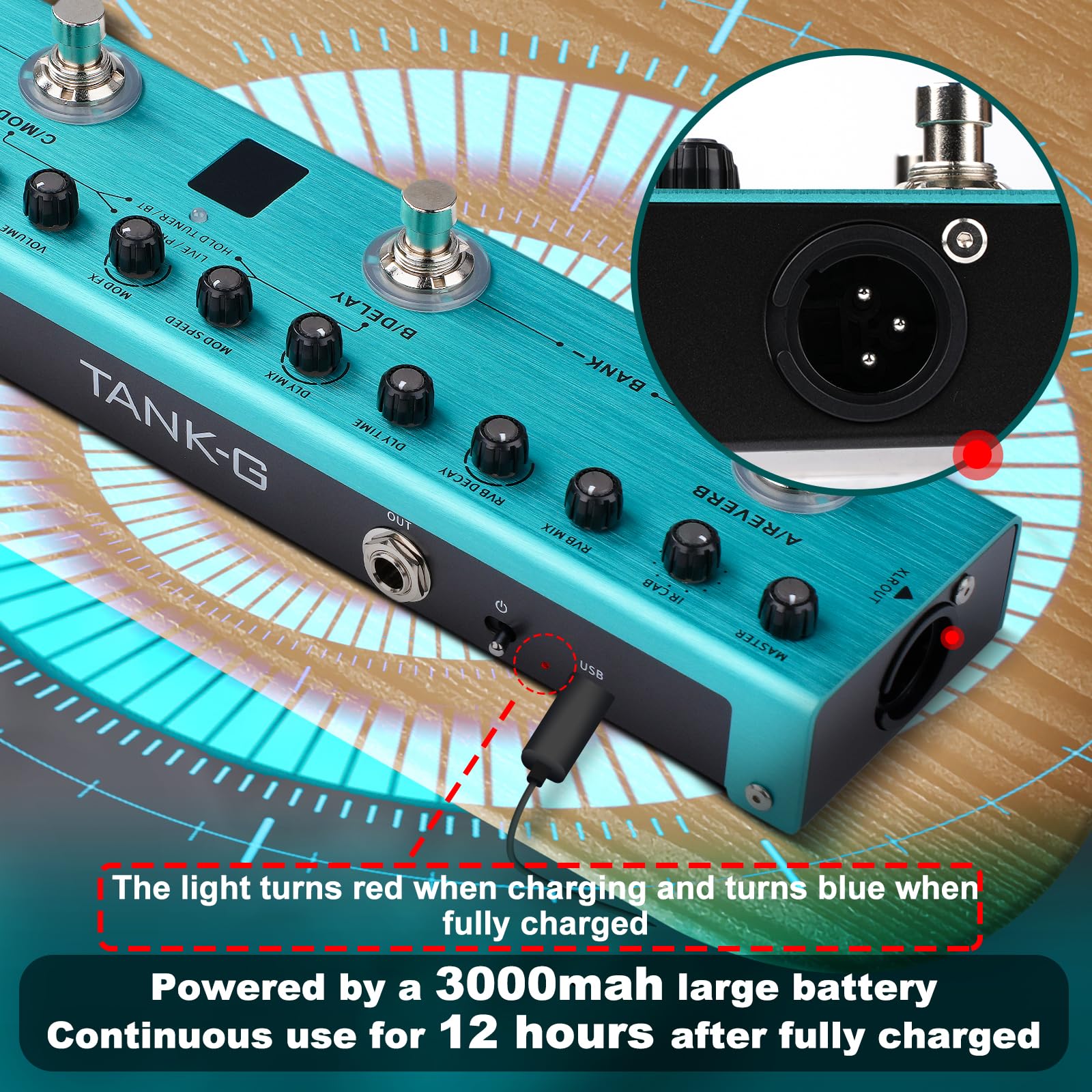 Pedale Multieffetto, TANK-G Dispositivo per chitarra effetto singolo blocco, potente memoria audio, scheda audio integrata, effetto chitarra portatile esterni (batteria integrata da 3000 mAh)