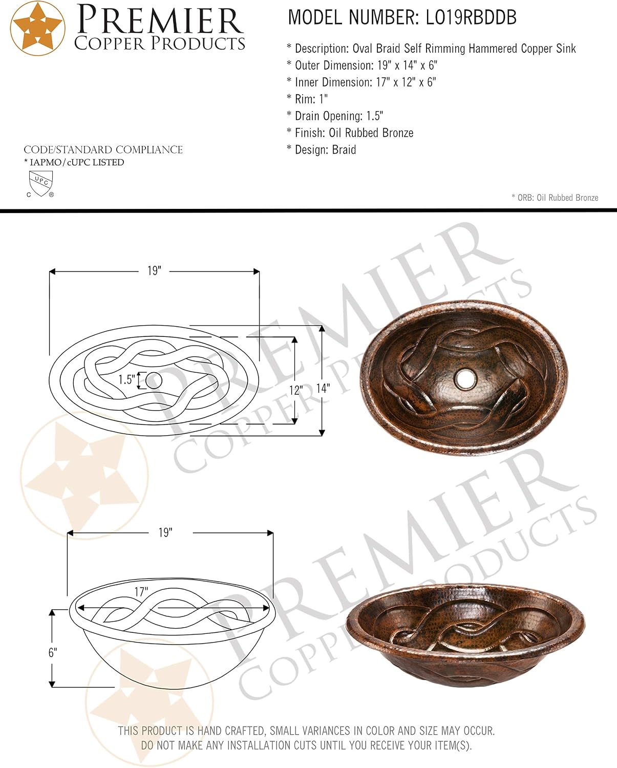 Premier Copper Products LO19RBDDB 19-Inch Oval Braid Self Rimming Hammered Copper Sink, Oil Rubbed Bronze