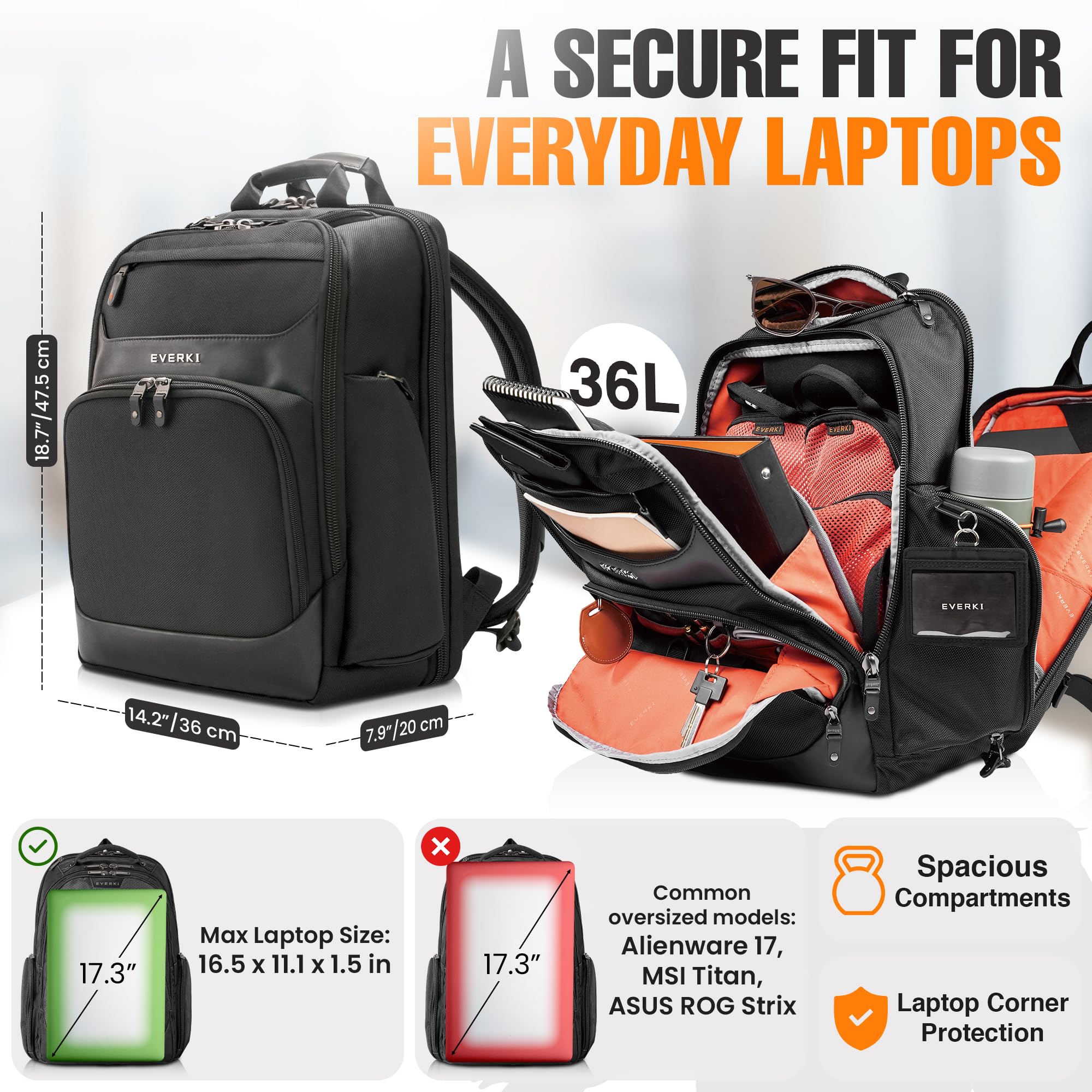 EVERKI Onyx Premium Business Laptop Backpack - Black - Dettaglio