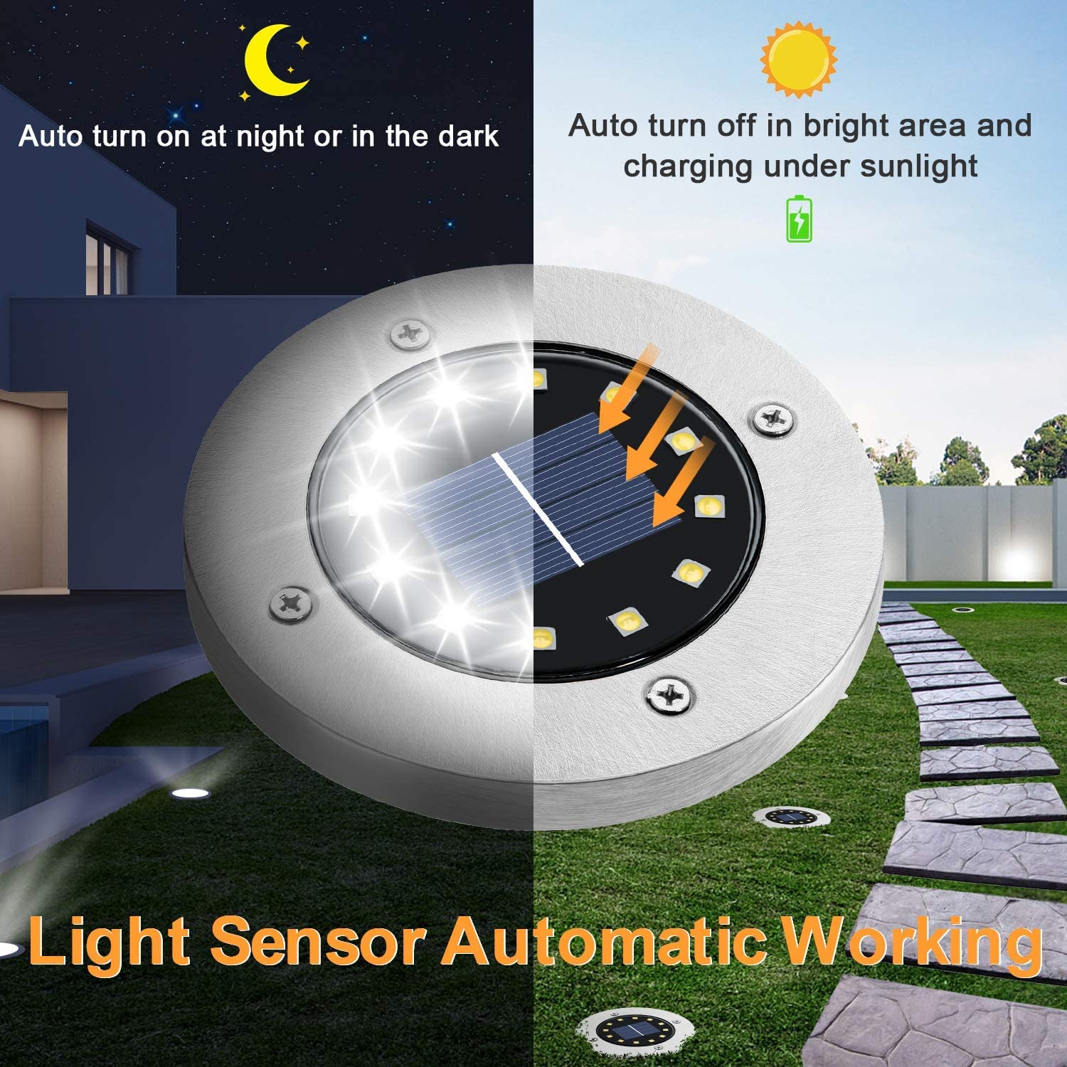 [12 piezas] Lámpara de pie solar para exteriores, 12 LED, luces solares de 800 mAh, luces de disco con panel solar mejorado, jardín, solar, faro, decoración para césped, acera