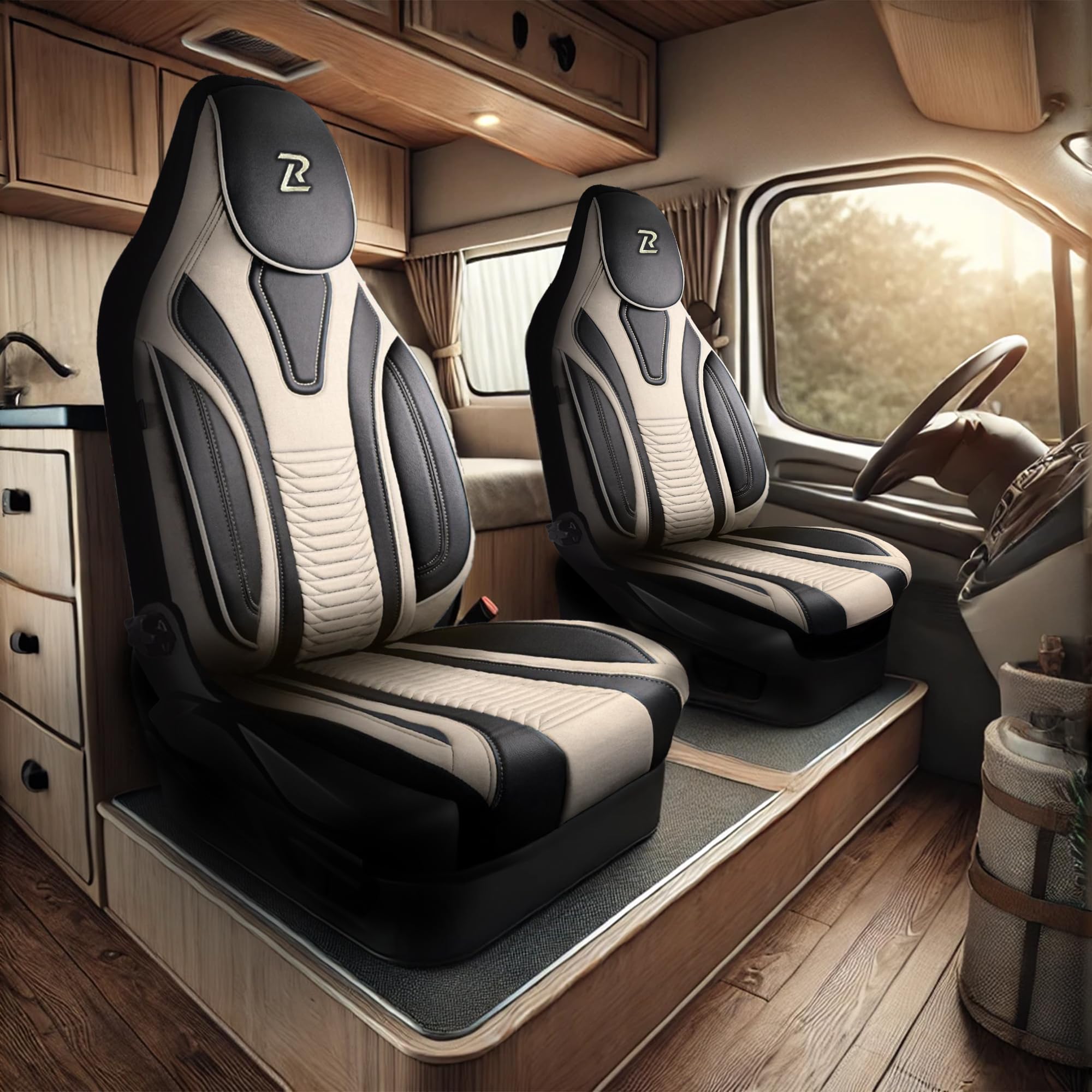LUCARO Sitzbezüge Wohnmobil für FIAT Ducato, Peugeot Boxer mit 2 Stück | Wohnmobil Zubehör Beige für Citroen Jumper, Opel Movano C mit Velours & Kunstleder - Schutz & Komfort beim Fahren