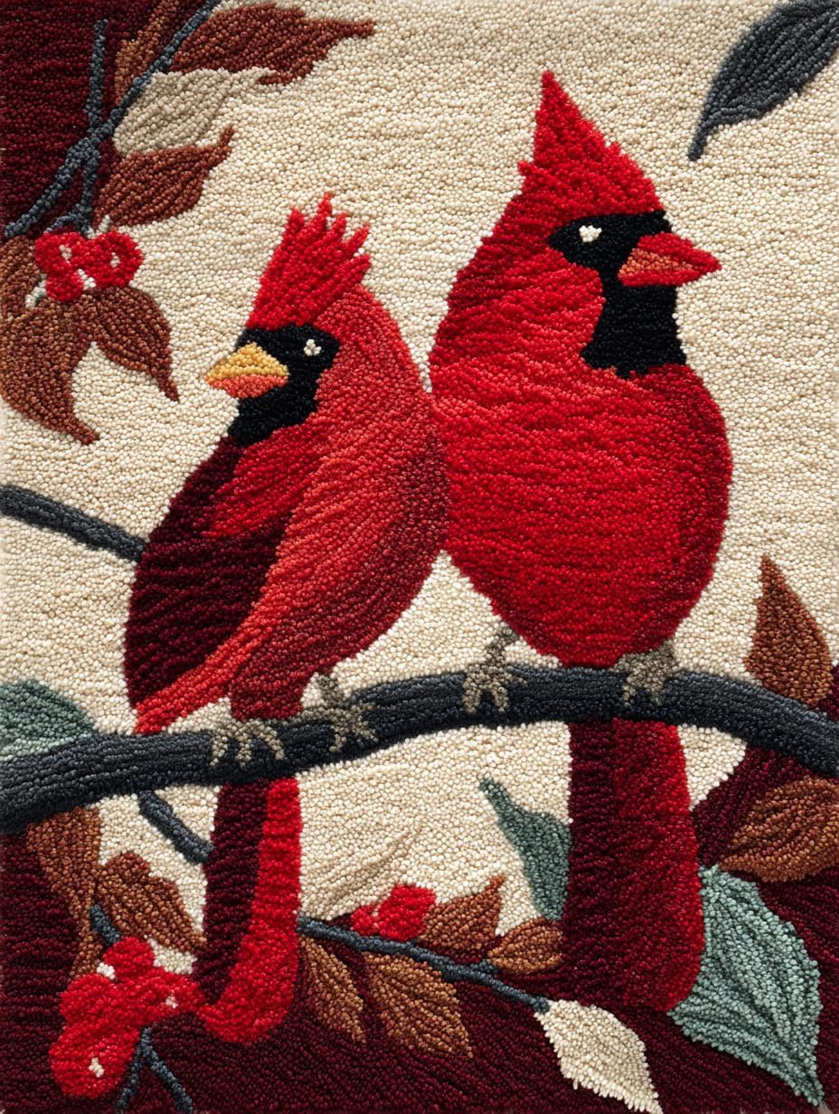 DIY Latch Hook Rug Kit A Pair of Red Cardinal Birds on Branch Easy for Beginners Crochet Yarn Hook and Latch Tapestry Mat Cushion Craft Set for Home Decor 40x60cm