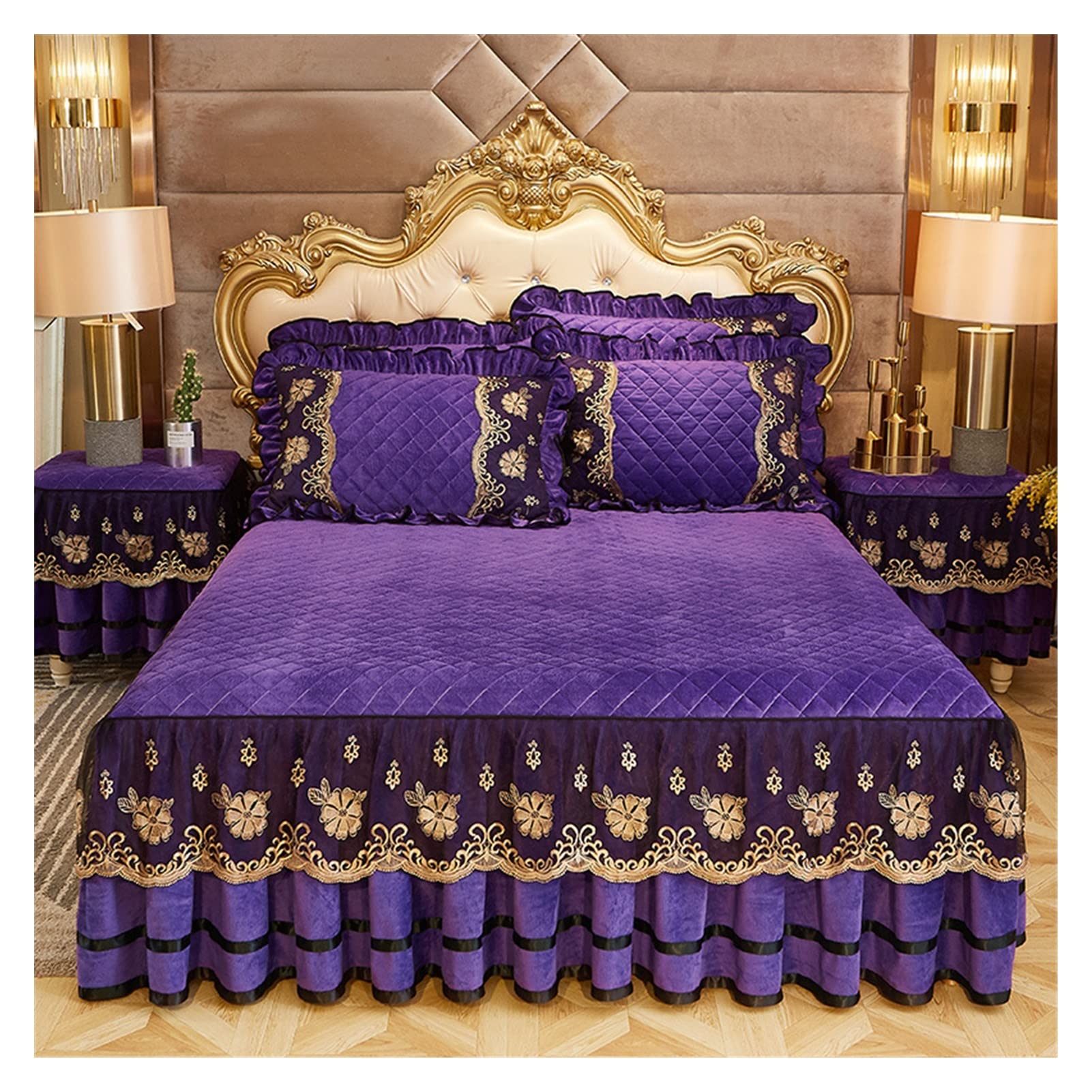 Luxury Bedding Style Bedspreads On The Bed Lace Bed Skirt Pillowcases Crystal King Queen Size Home Textiles(Purple,1 Pc skirt 180x200cm)