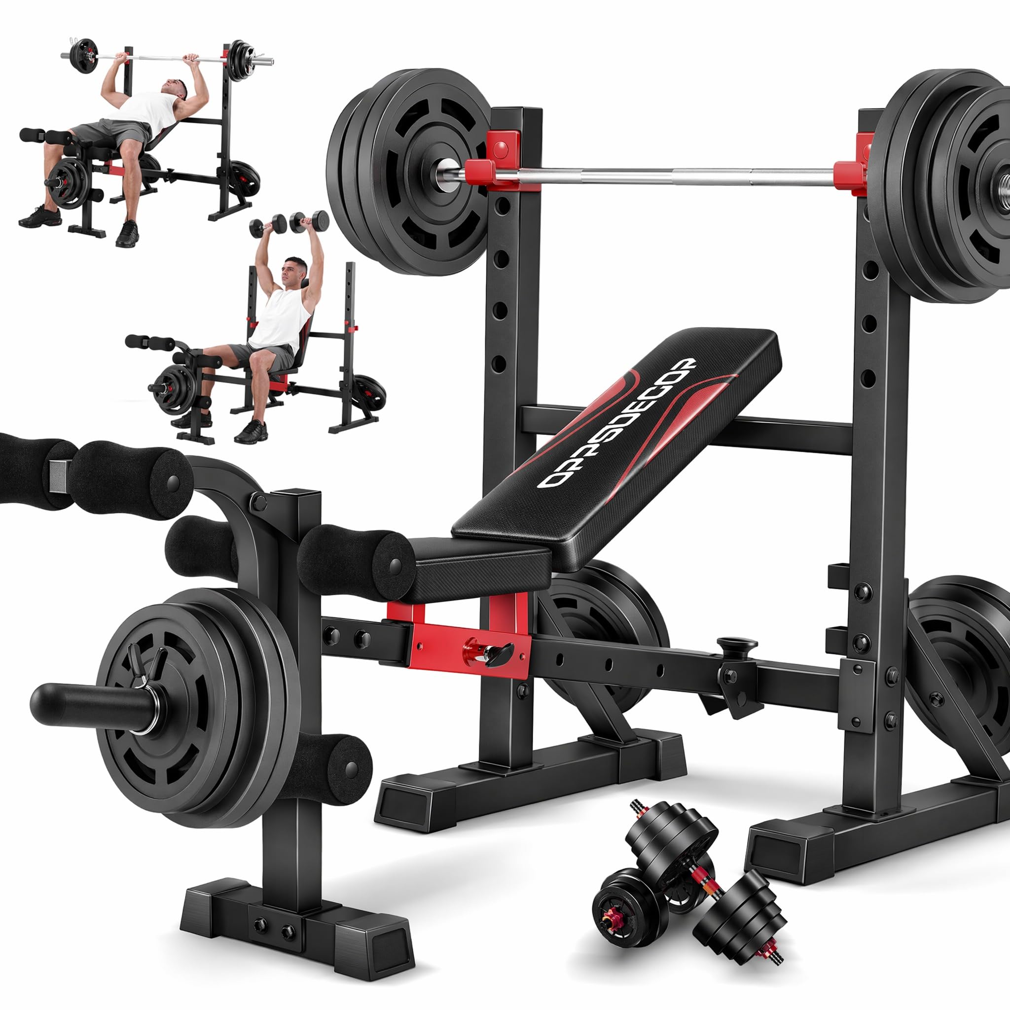 OPPSDECOR Adjustable Olympic Weight Bench with Rack & Leg Curl Sliding Seat | Fits Up to 6'4" 900LBS Heavy Duty Foldable Bench Press Set for Home Gym Flat Incline Decline Workout Bench for Tall People