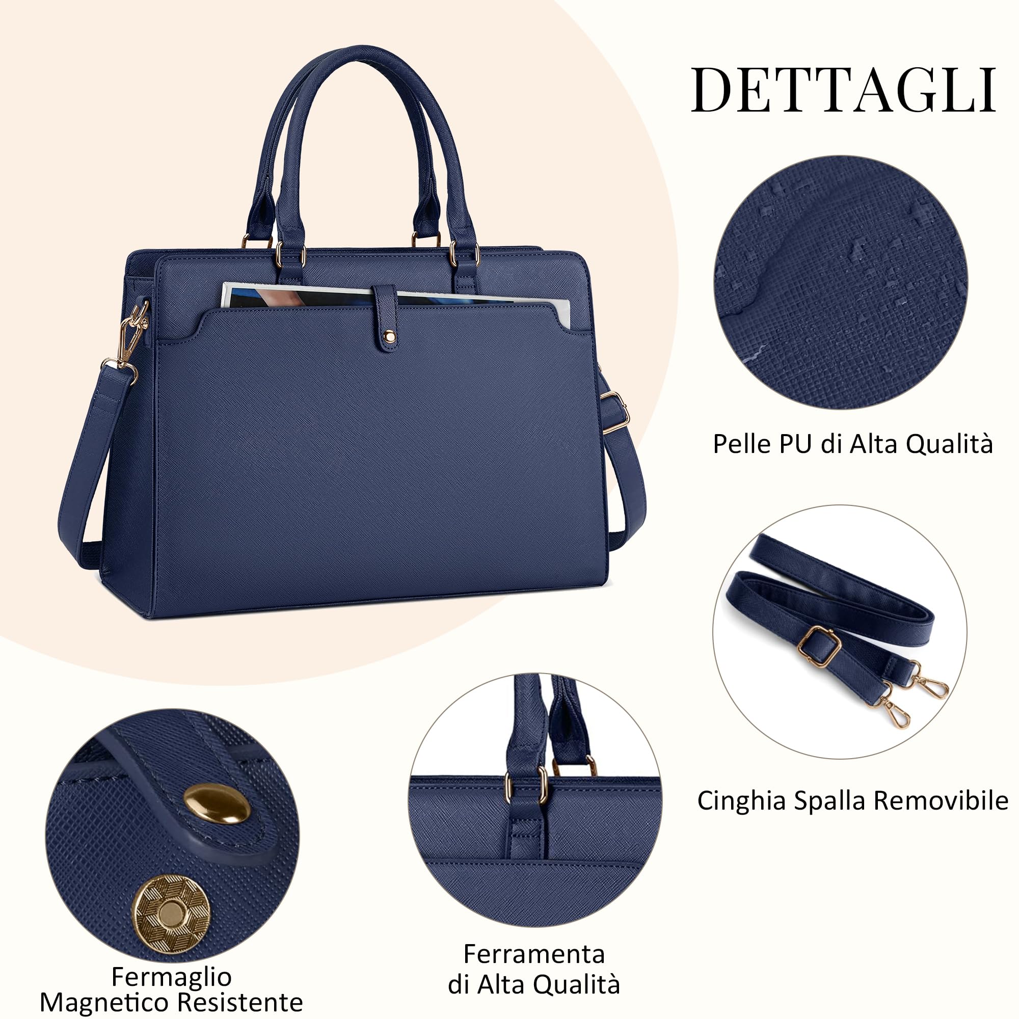 Borsa Tote Laptop Donna, Borsa Portatile 15,6 Pollici - Pelle PU Impermeabile Multifunzionale Trendy Texture per Ufficio Lavoro Affari Scuola Insegnanti Università Blu