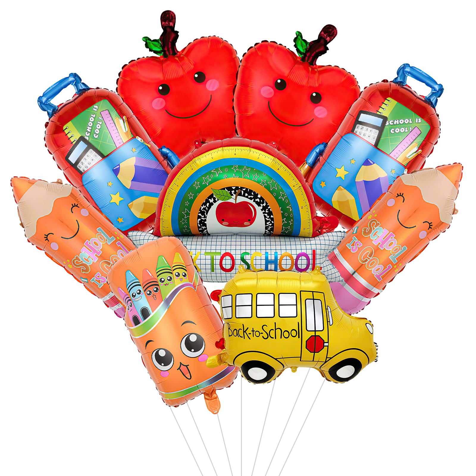 9 Pcs Back To School Balloons Decorations, Cartoon Foil Balloons, 1st Day Of School Red Apple And Bag Balloon, First Day Of School Decorations for Photo Props, Kindergarten Schools Party Supplies