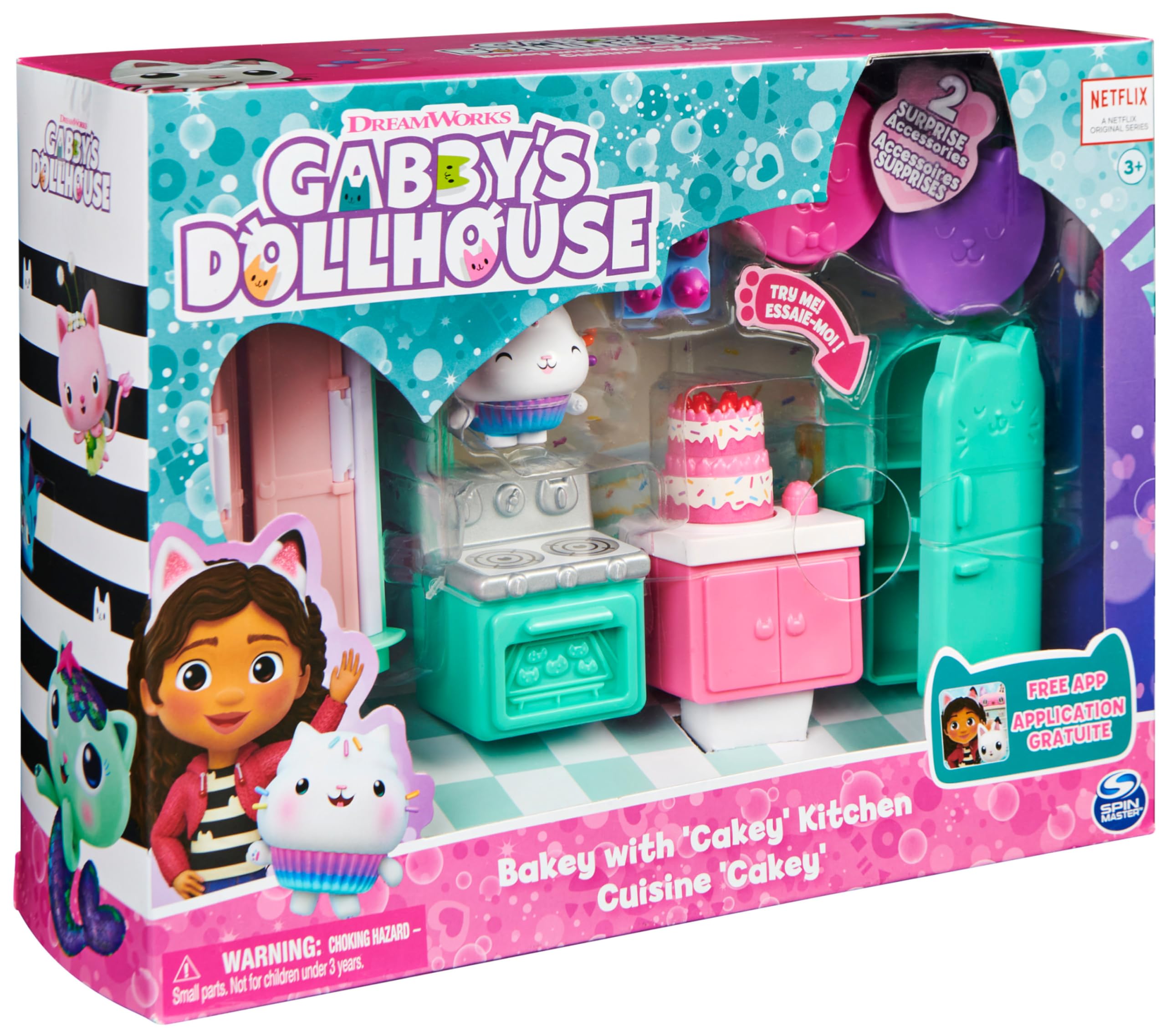 DREAMWORKS GABBY'S DOLLHOUSE - Deluxe Raum, Bakey with Cakey, Küche mit Kuchi (engl. Cakey), 3 Möbelstücken und 2 Überraschungsboxen mit Zubehörteilen, geeignet für Kinder ab 3 Jahren