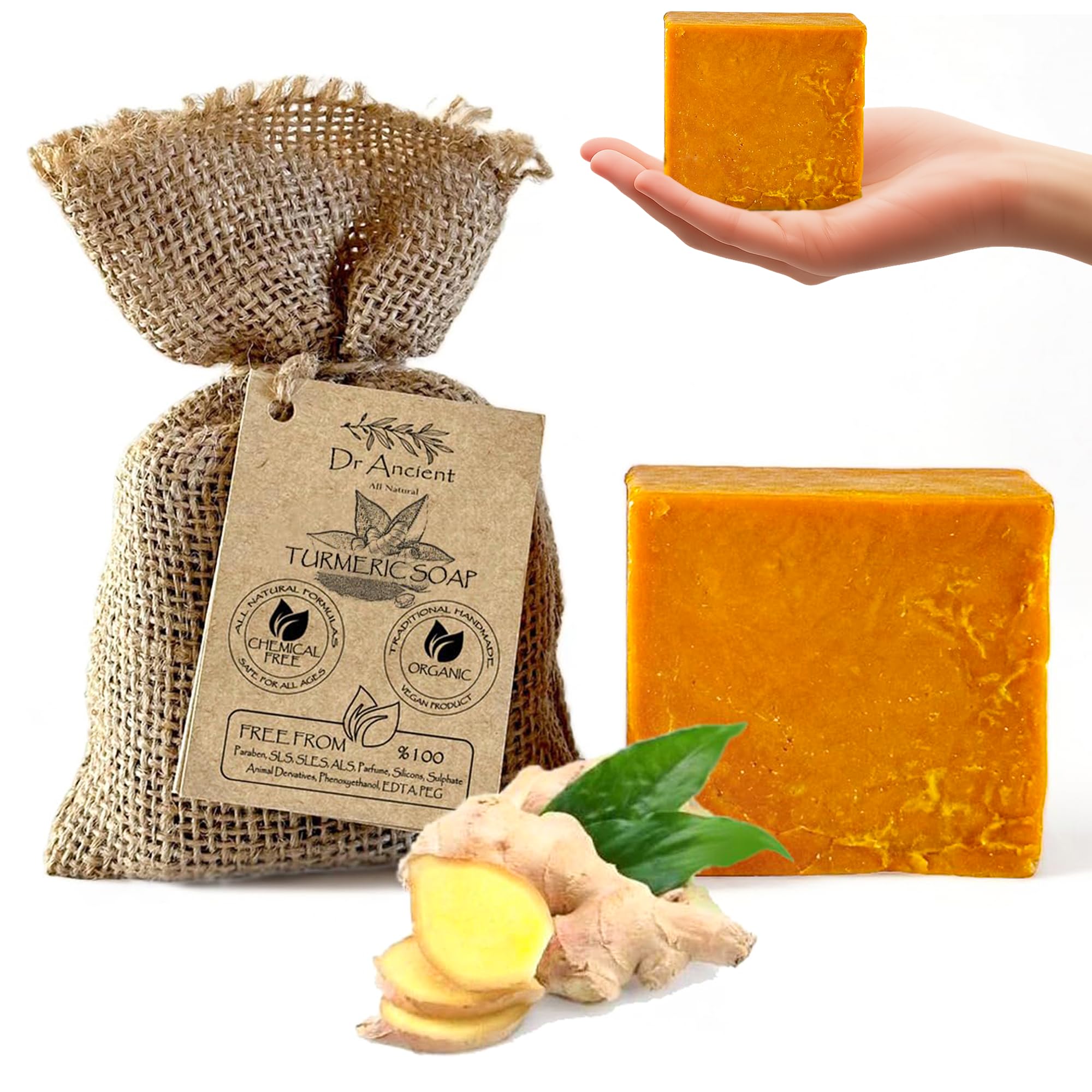 Dr.Ancient Turmeric Soap Bar, Organic Soap Bars Handcrafted the Traditional Way, Natural Chemical-Free, Vegan, Used for Face Wash, Body Wash, and Hand Cleansing, Brightening & Daily Skincare Routine