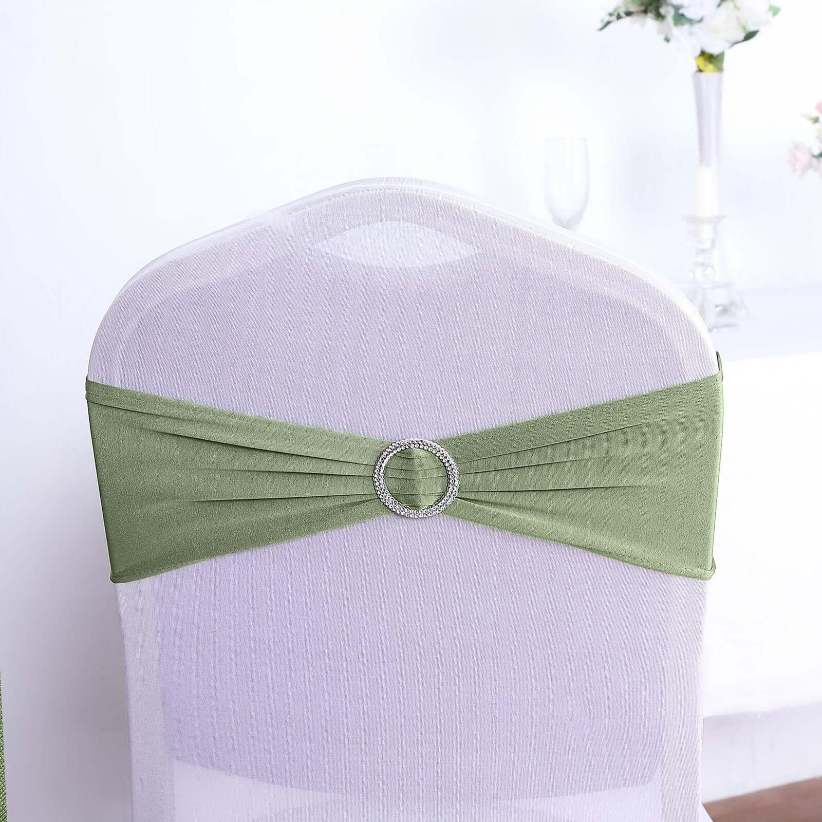Tableclothsfactory 5 Pack Eucalyptus Sage Green Spandex Stretch Chair Sashes with Silver Diamond Ring Slide Buckle | 5