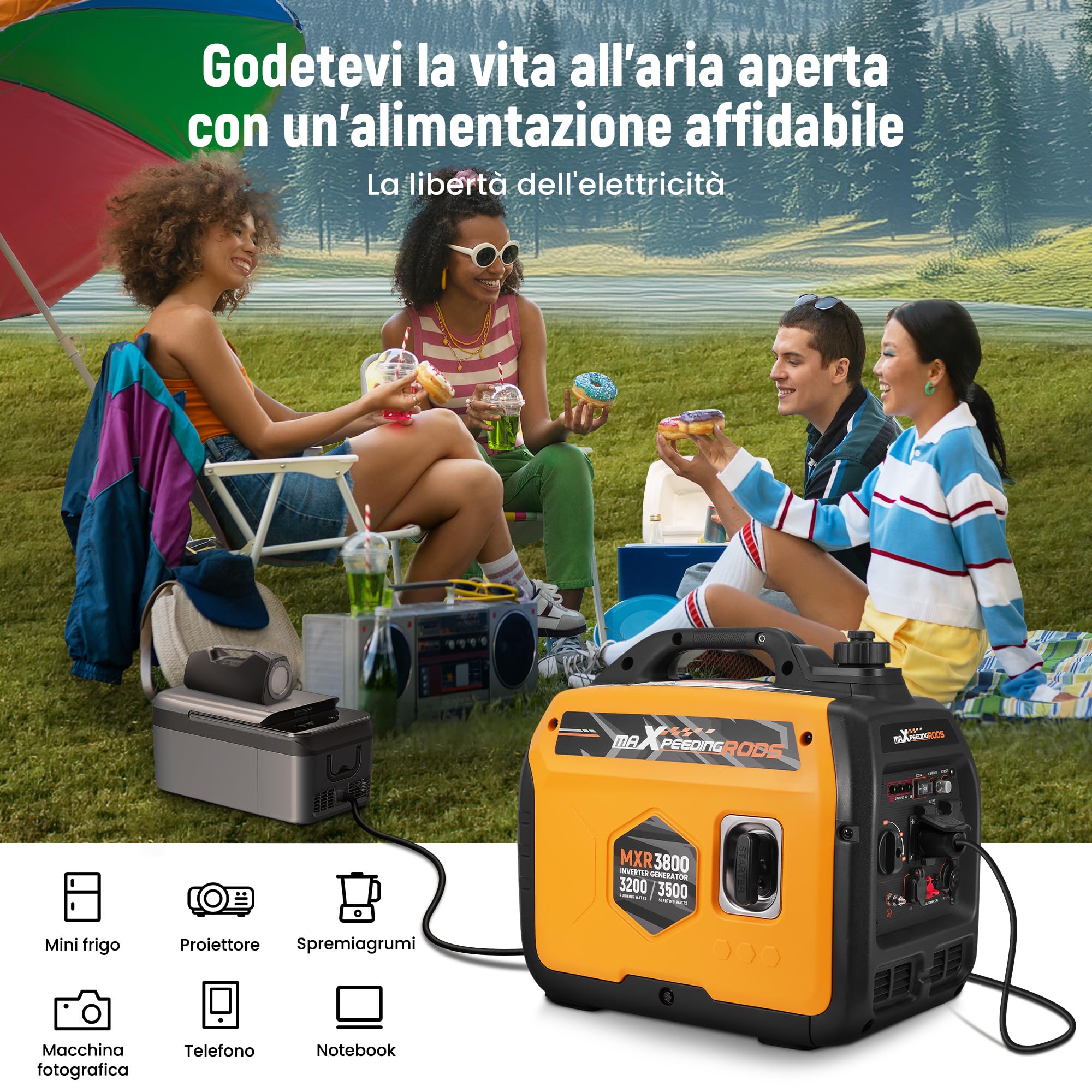 maXpeedingrods Generatore di Corrente 3500W Silenziato Portatile Per Camper | Benzina 4 Tempi con 2 prese da 230 V / 2 USB / 1 presa da 12 V CC, Modalità ECO Per RV, Camper e Emergenze