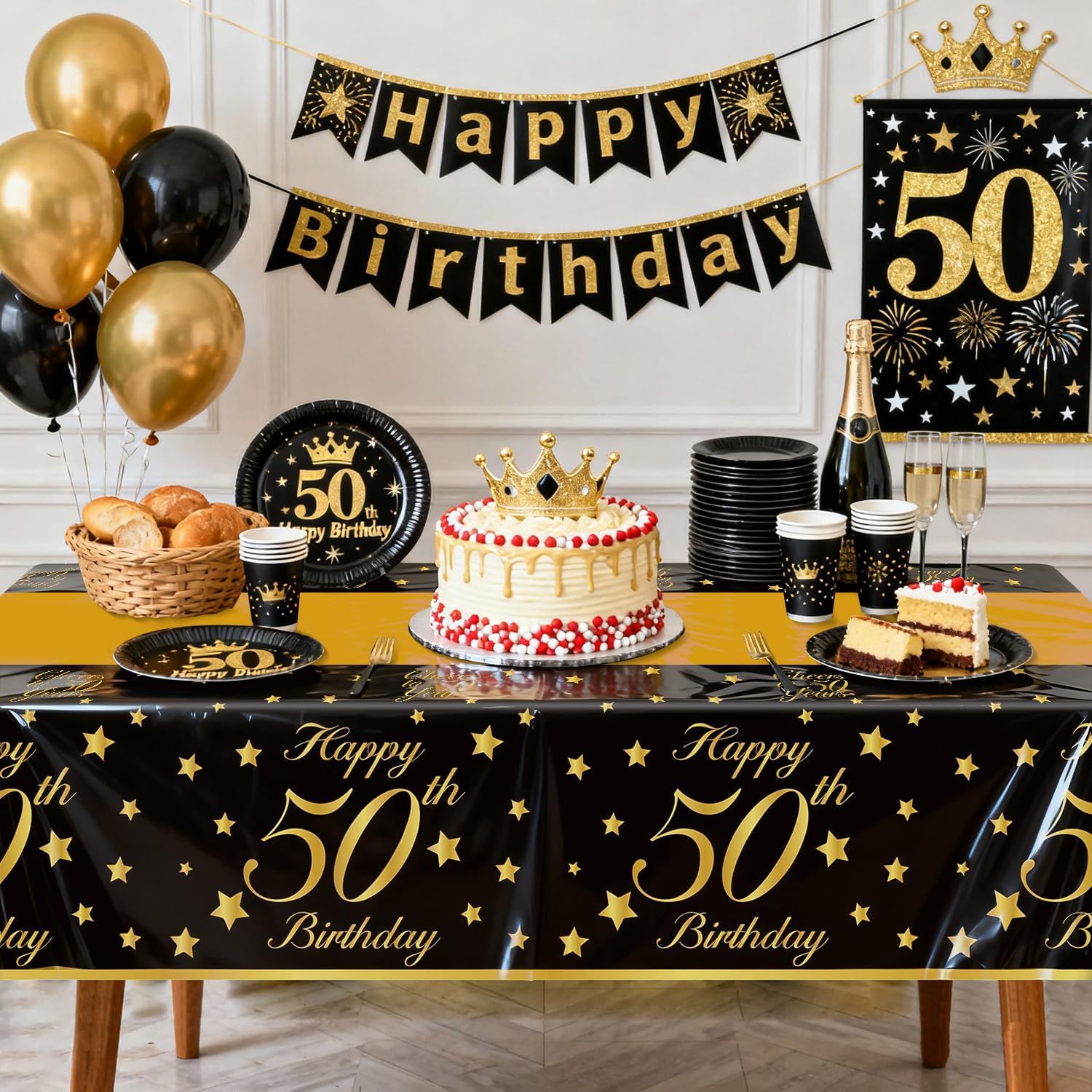 4 Pack 50th Birthday Tablecloths Plastic Disposable Black and Gold Rectangle Table Cover for Men Woman 50 Birthday Party Decorations, 51x87''