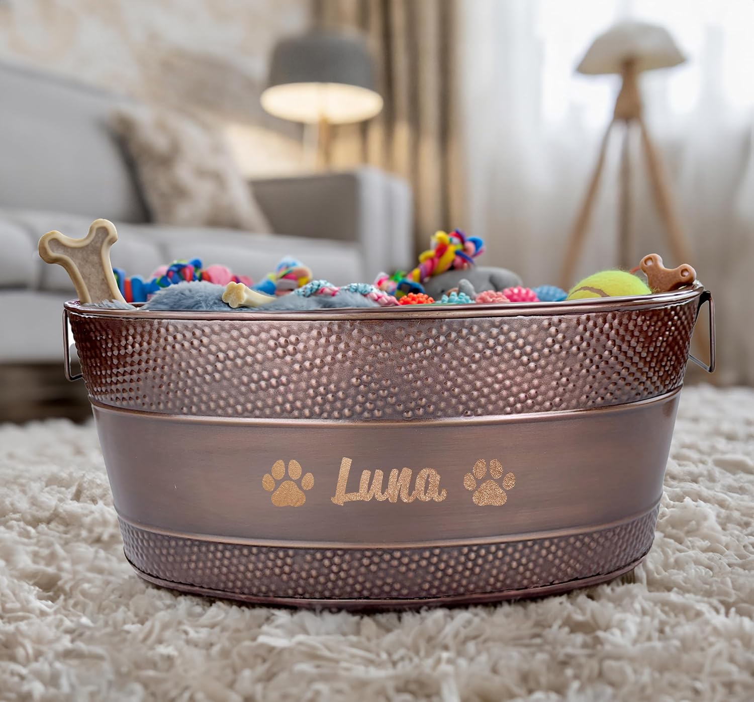 BREKX Personalized Metal Dog Toy Bin with Dog Bowl Set - Copper Galvanized Storage Bin with Handles, Basket for Pet Toys, Dog Toy Box, Pet Storage - Custom Dog Name Gift (Large)
