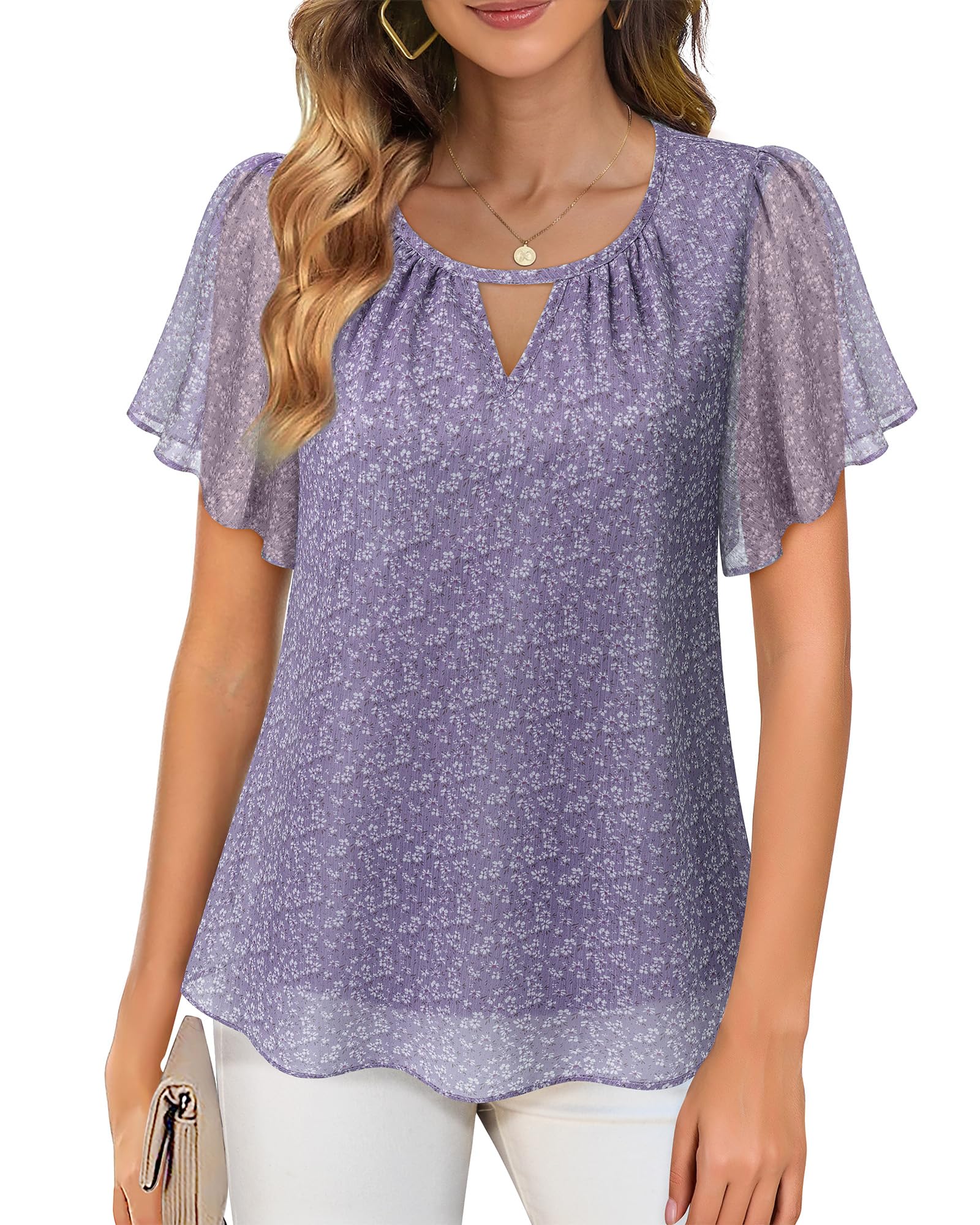 Gaharu Blusa elegante de manga corta para mujer, estilo túnica de verano, informal, cuello redondo, manga con volantes, de gasa, floral, blusa