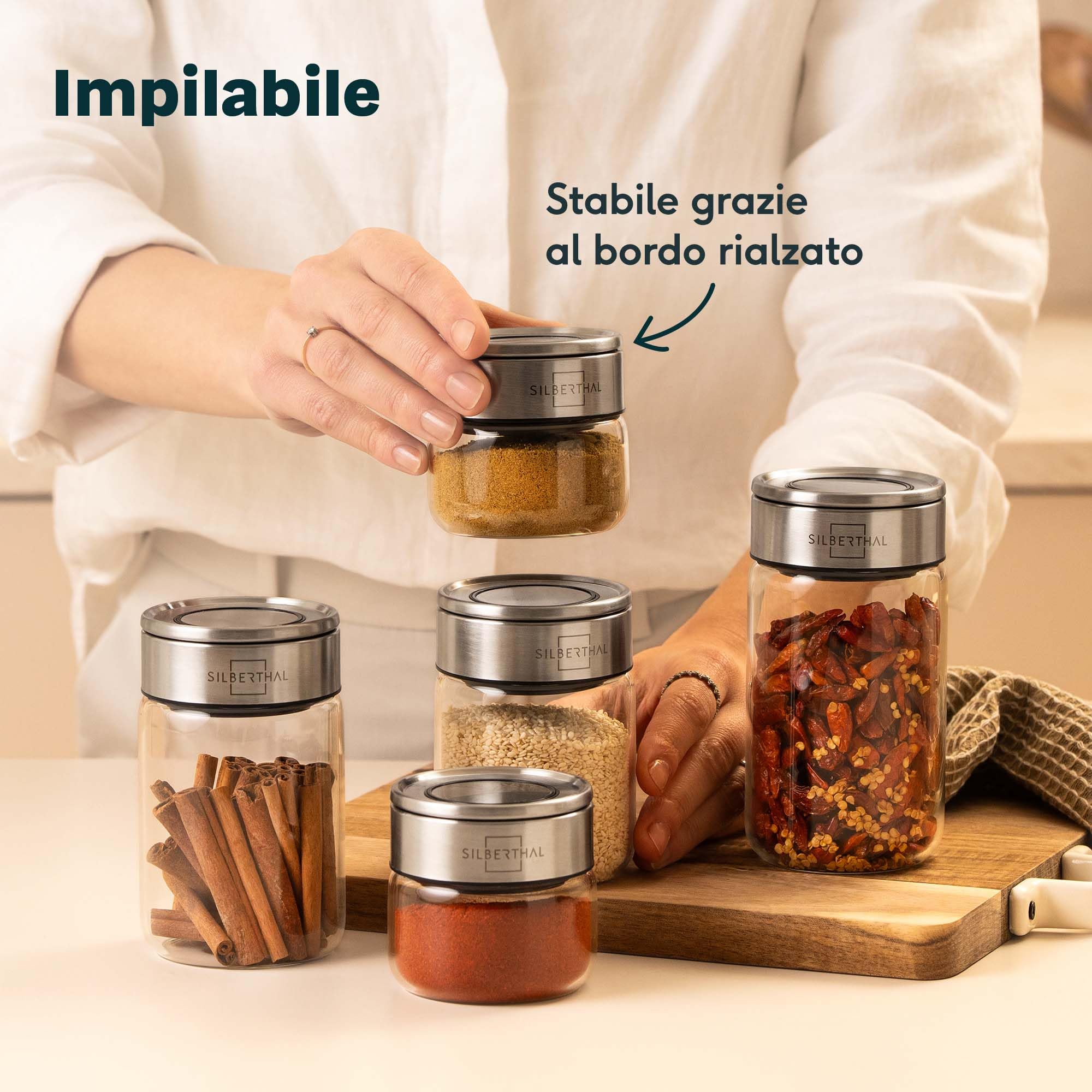 SILBERTHAL Set 12 barattoli porta spezie in vetro 300 ml – Coperchio inox