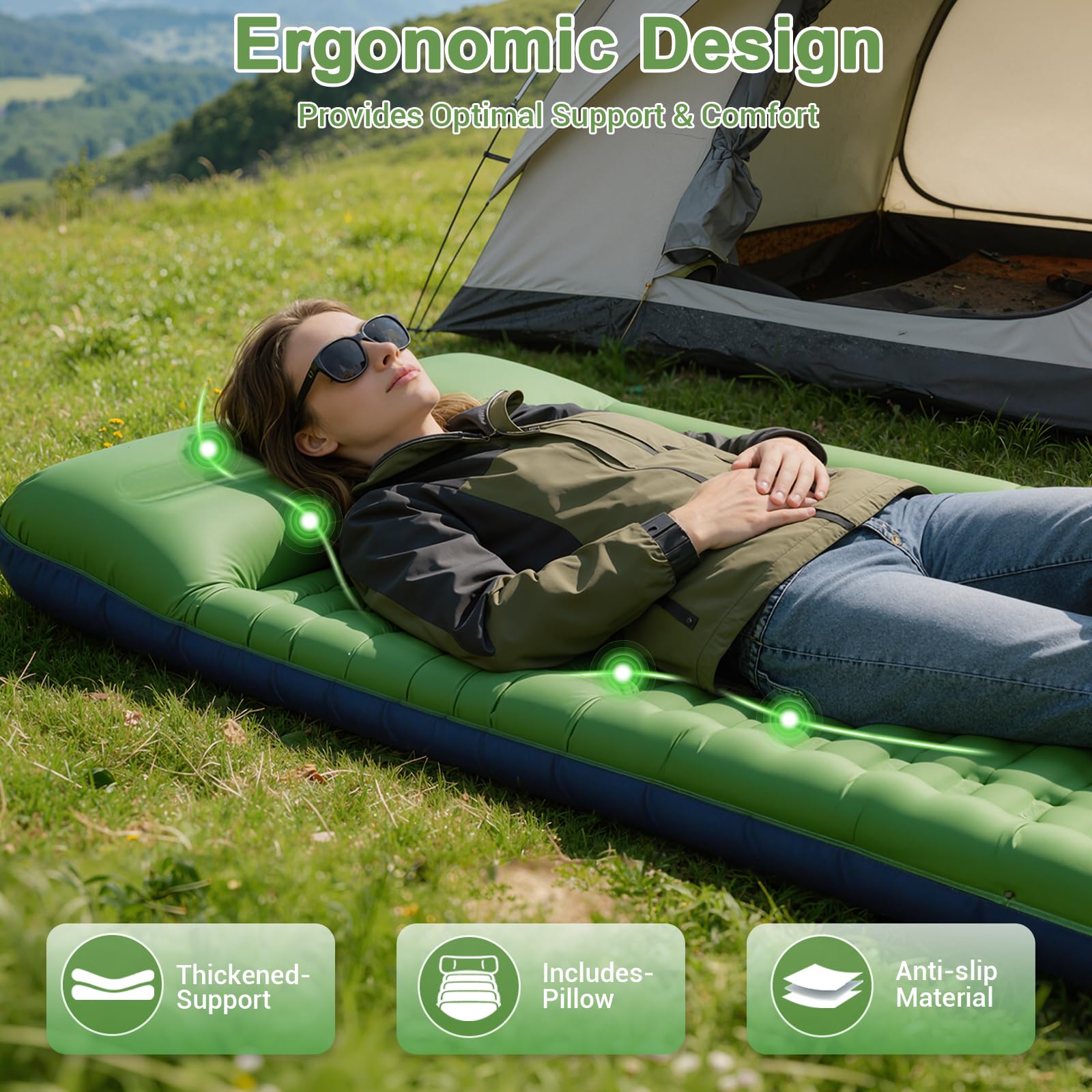 JATEKA Materassino Gonfiabile Campeggio Ultra Leggero con Cuscino Integrato 14 cm Materasso Gonfiabile Singolo per Viaggi Outdoor Spiaggia Materassino da Campeggio Azzurro-Verde