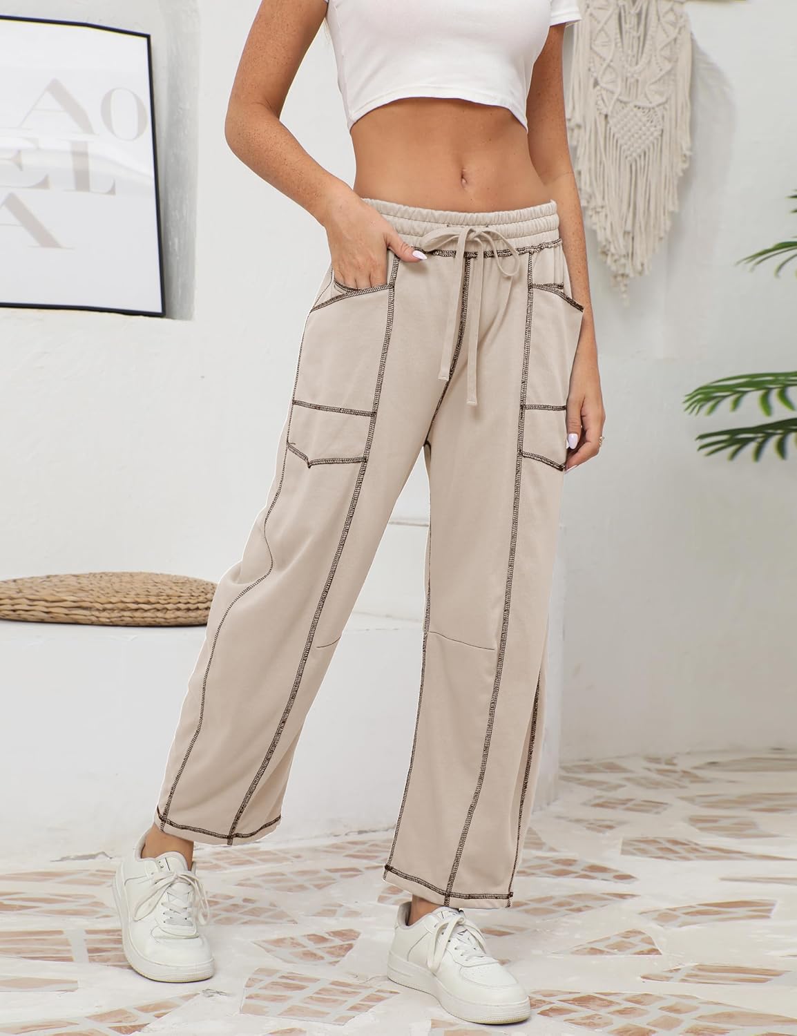 Women’s Versatile Baggy Barrel Sweatpants with Pockets and Drawstring