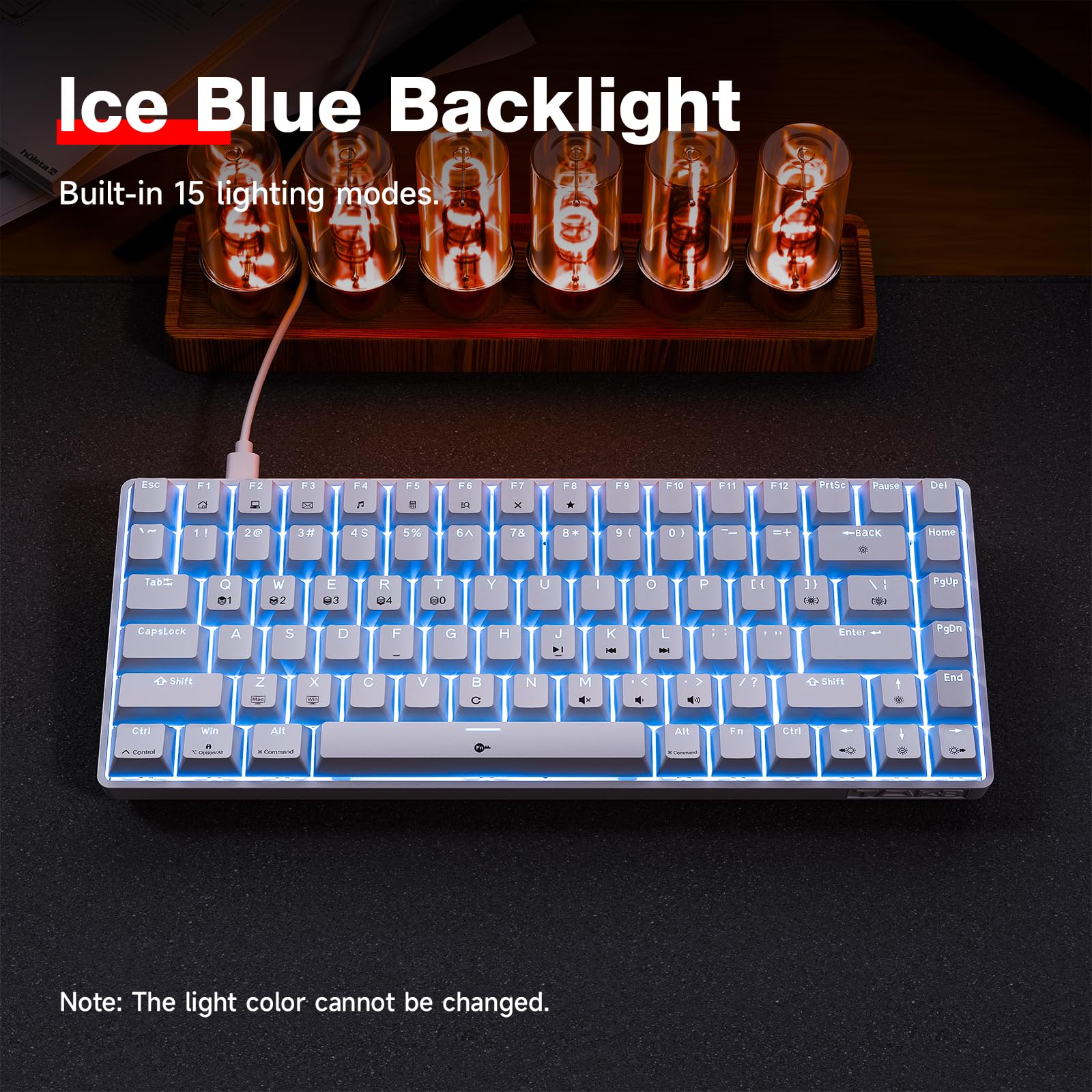 TMKB T84SE Tastiera Meccanica, Layout QWERTY US, Tastiera Gaming a 84 Tasti con LED Blu, N-Key Rollover Blue Switch per PC Windows/Mac OS, Bianco