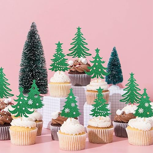Miniatura 5 de 24 piezas de adornos para cupcakes para árbol de Navidad con estrella verde purpurina para árbol de Navidad para temática de Feliz Navidad, Año