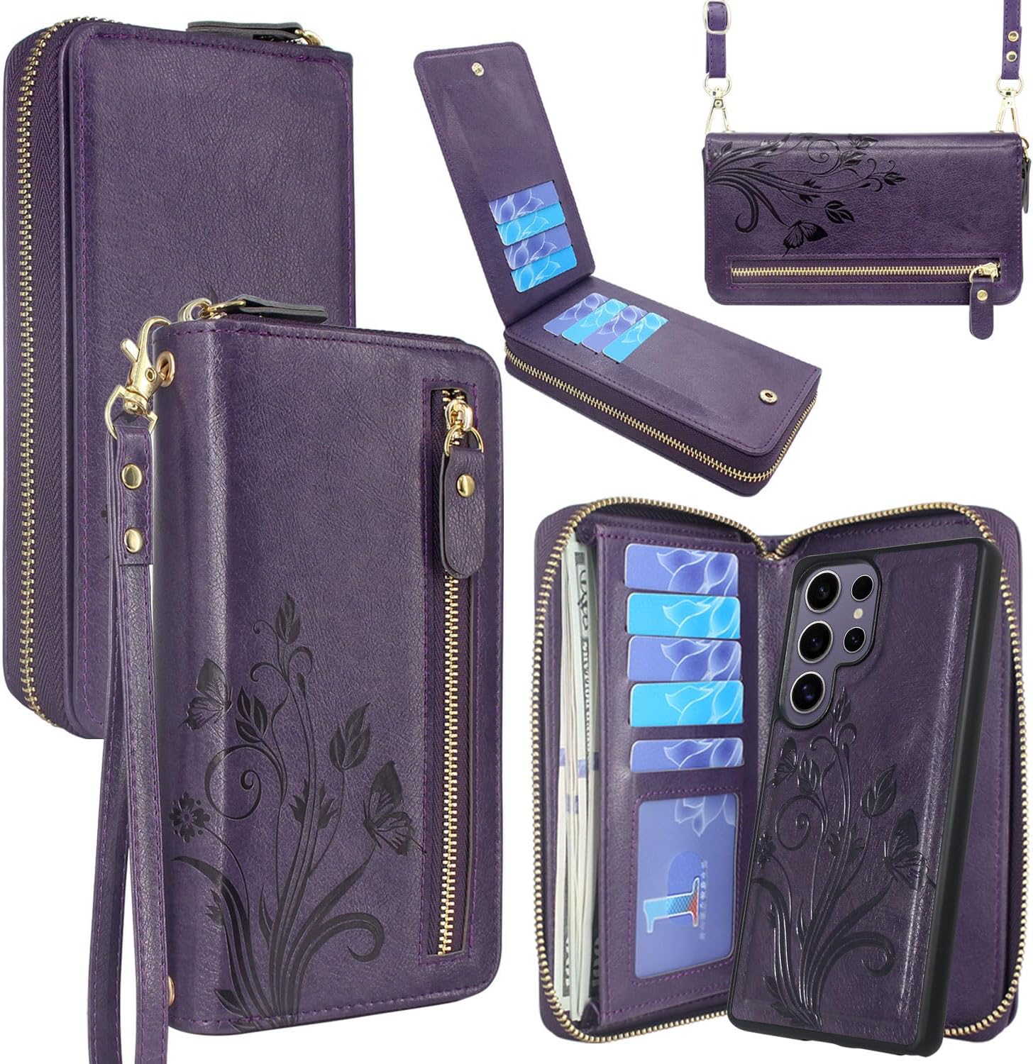 Lacass for Samsung Galaxy S25 Ultra Wallet Case,Crossbody Dual Zipper Detachable Magnetic Leather Wallet Case Cover Wristlets Wrist Strap 13 Card Slots Money Pocket(Floral Wine Red)