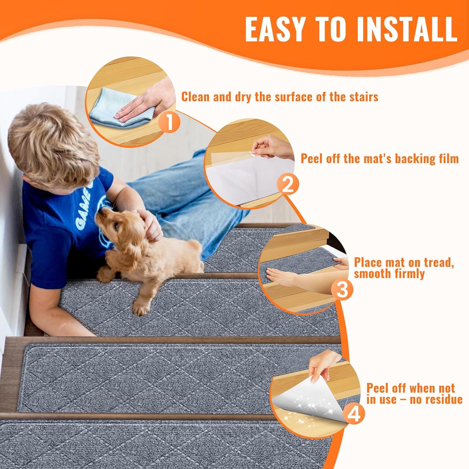 Stair Treads Non-Slip for Wooden Steps, 15Pack - 8 x 30 Edging Stair Runner Indoor for Kids Elders & Pets, Washable Carpet Stair Treads with Peel & Stick Reusable TPE Backing, Grey