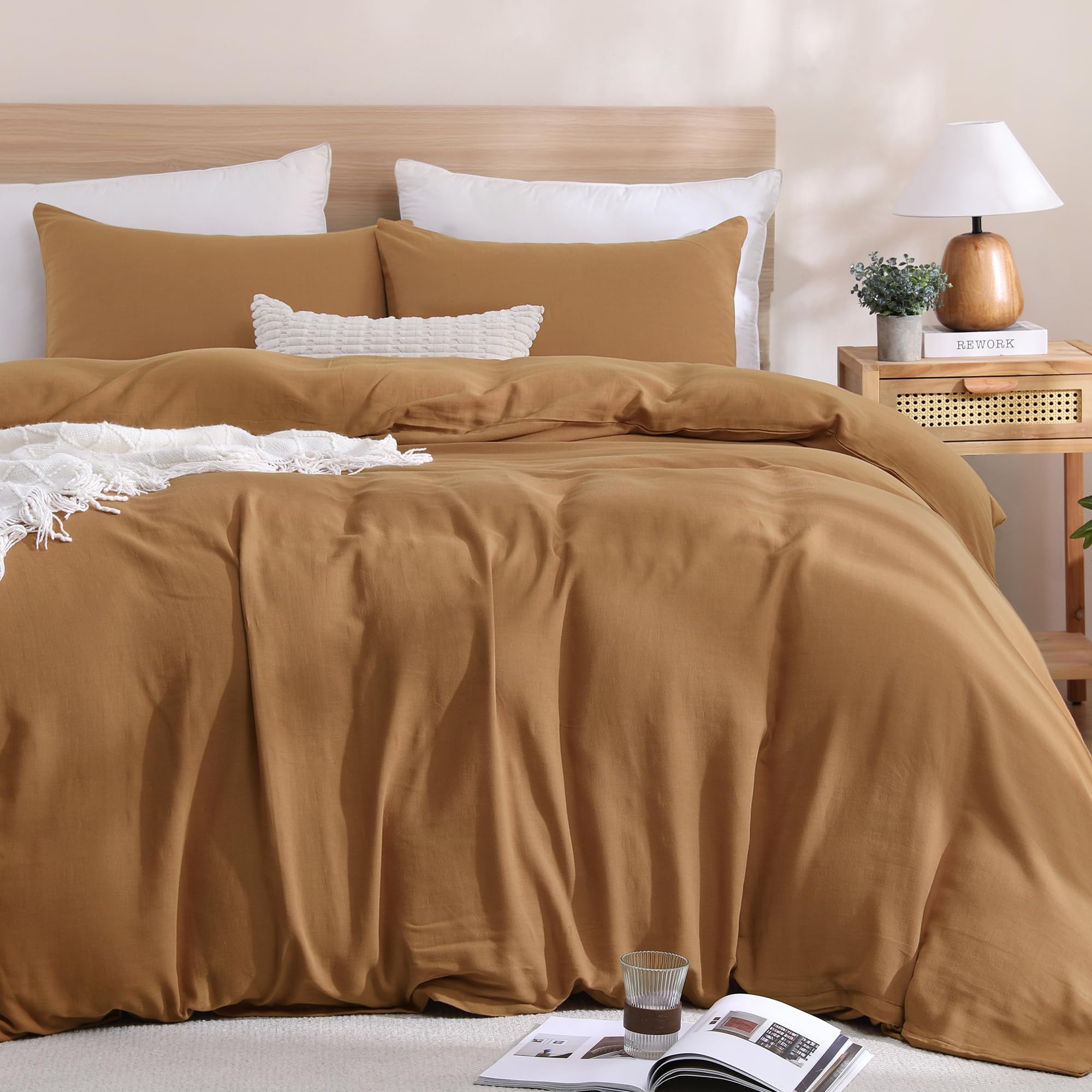 TOCOMOA 100% Muslin Cotton Duvet Cover Set, Burnt Orange, Queen