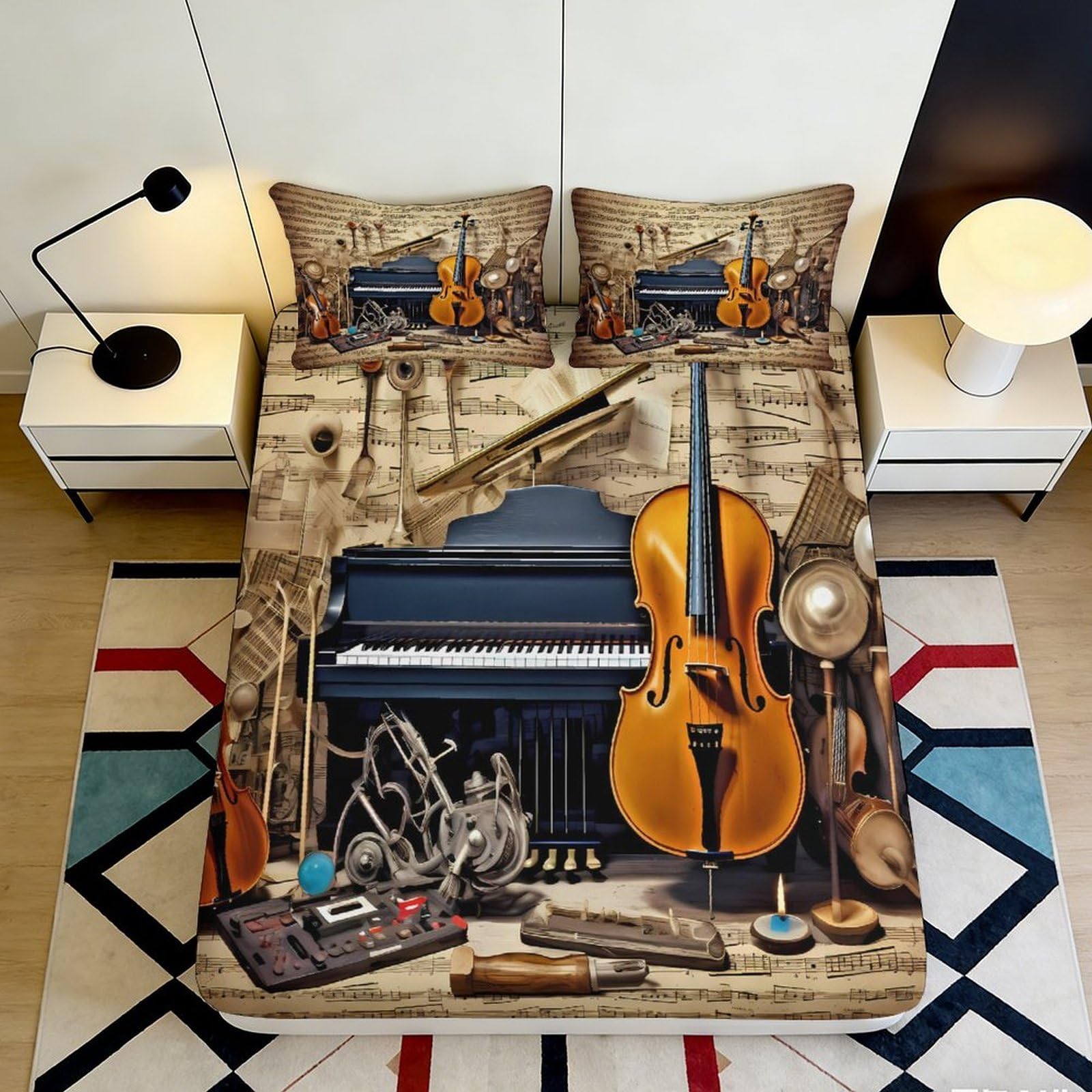 3D Printed Musical Instrument Fitted Sheet Microfiber Brown Piano Violin Mattress Cover Bedroom Decor Anti-Slip Washable 90x200x25cm