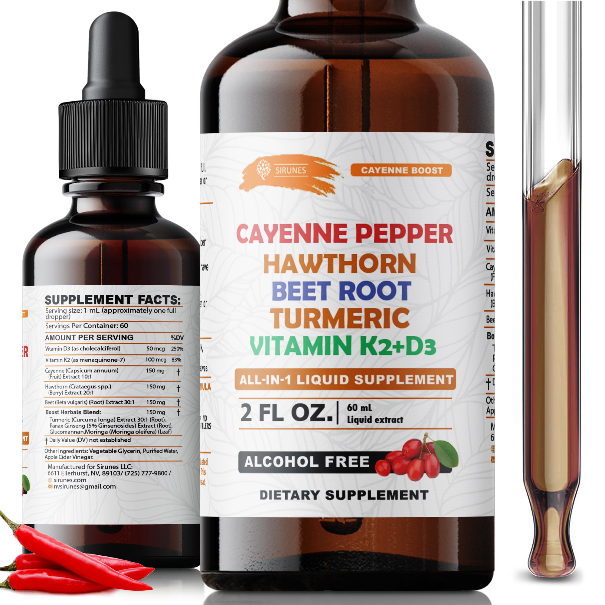 SIRUNES Cayenne Pepper Drops with Hawthorn Beet Root Turmeric Vitamin K2+D3 Liquid Supplement, Alcohol Free, 2 FL OZ, 60 Servings