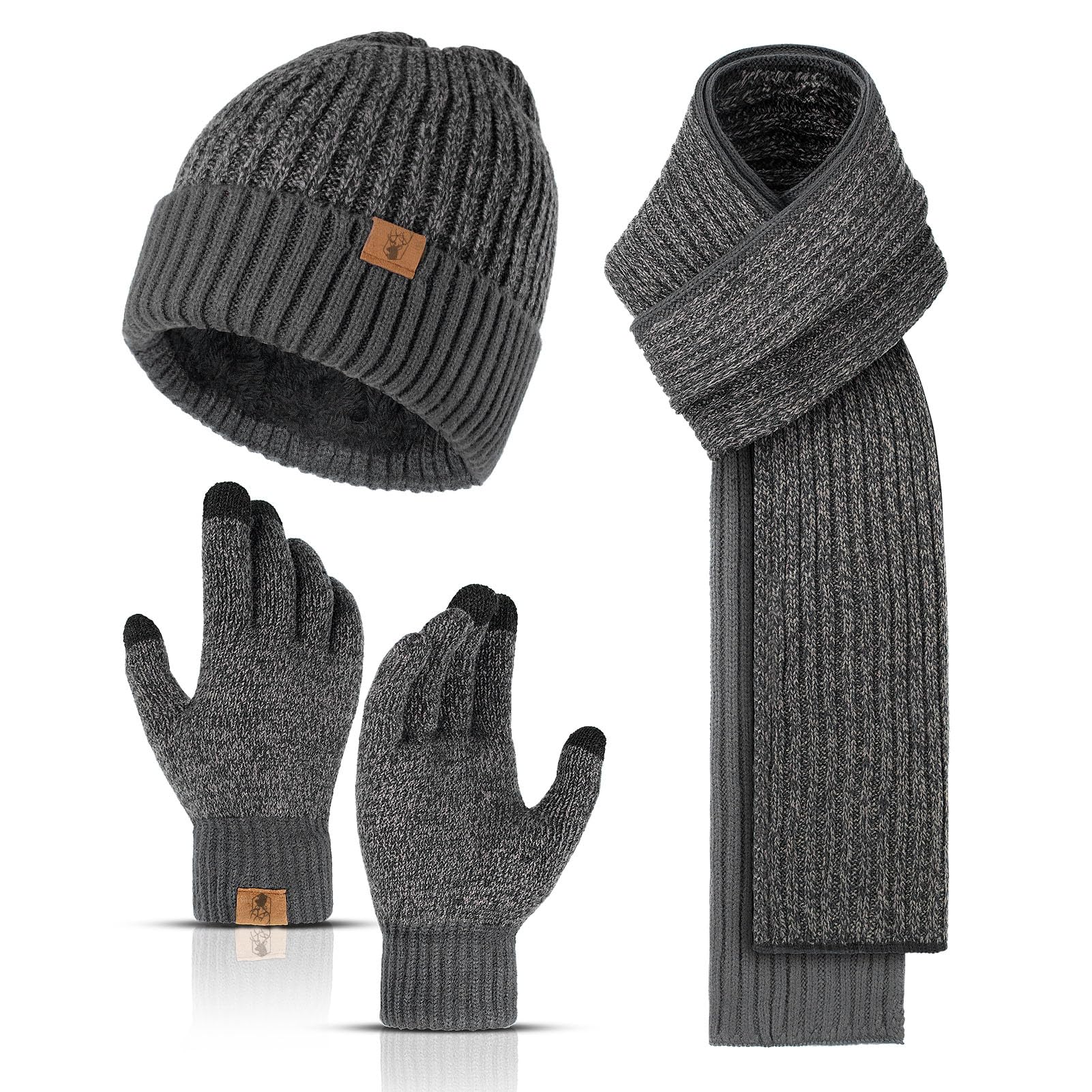 Mütze Schal und Touchscreen Handschuhe Set Wintermütze Thermohandschuhe Schal für Herren Strickmütze 3 STÜCKE Unisex Hüte für Damen Winter Accessoires für Herren Damen