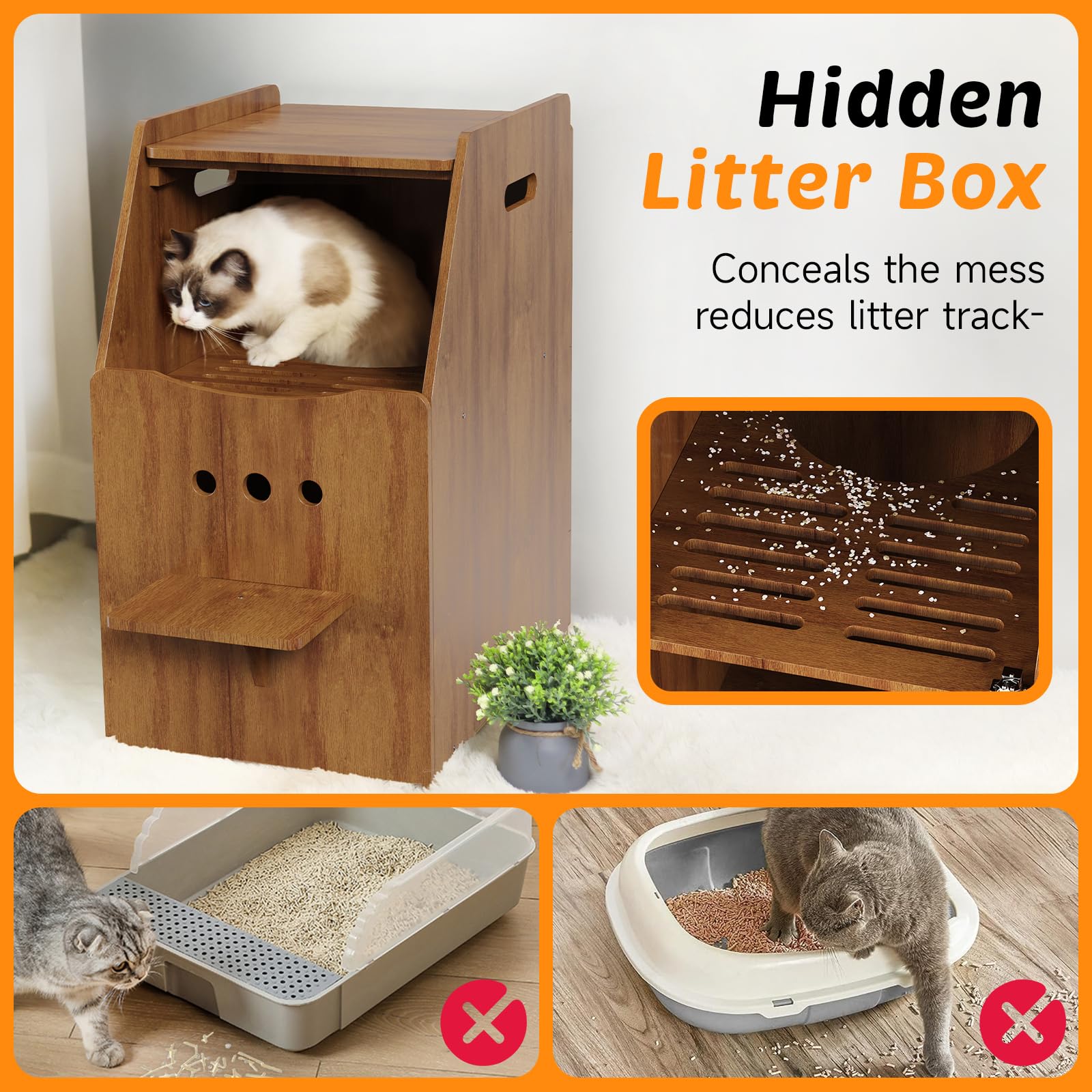 Cat Litter Box Enclosure,Enclosed Litter Boxes Cabinet,Top Entry Litter Box Enclosure,Tall Hiden Litter Furniture,Wood Cat Toilet with Filter and Stairs for Indoor Cats,Dog Proof (Brown) - image 4