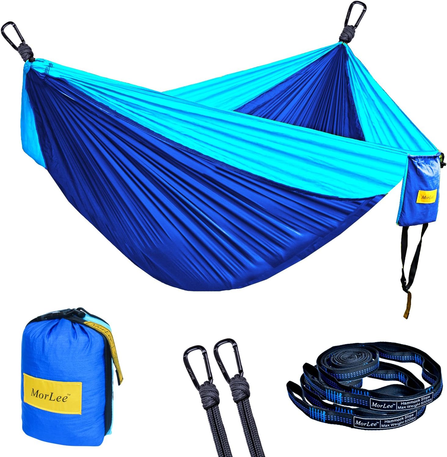 MorLee Double Camping Hammock with Tree Straps, Max 500 lbs Capacity, Portable Parachute Nylon Hammock for Outdoor Backpacking, Garden,Beach,Hiking,Travel (Royal blue/sky blue, 78''Wx118''L)