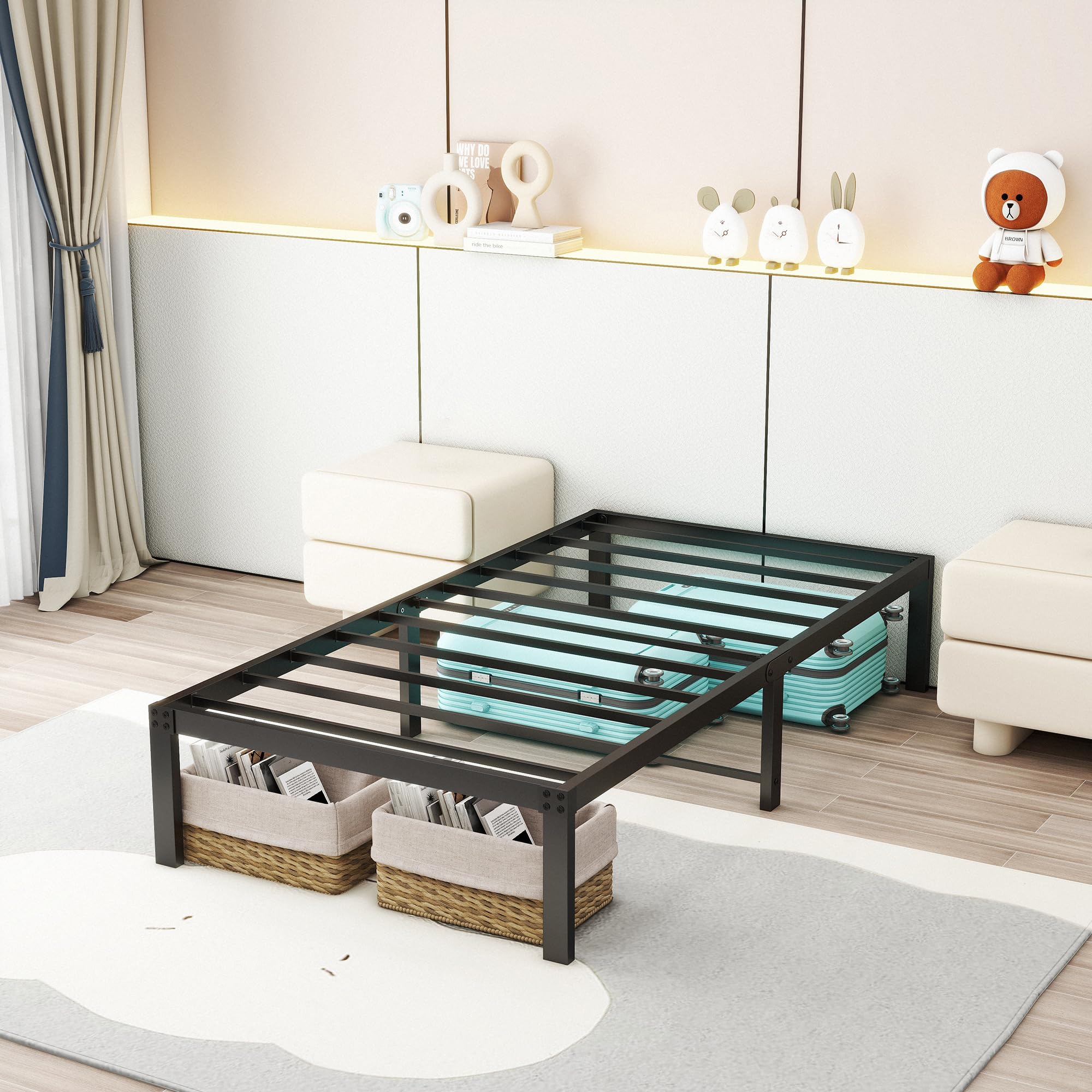 YRHome Modern bedframe, metalen bed, 140 x 200 cm, metalen platformbed van robuuste stalen latten, tweepersoonsbed, zwart, hoogte 41,5 cm, opbergruimte onder het bed, voor slaapkamer en logeerkamer