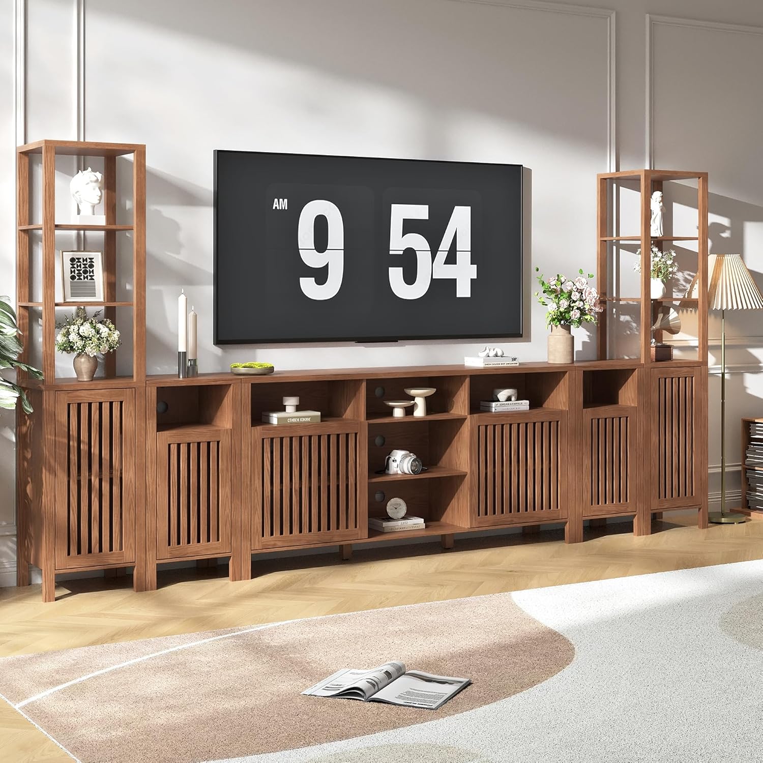 Farmhouse TV Stand for 100 inch TVs, Entertainment Center with Bookshelves, 6 Door Media Console with Adjustable Shelves, Storage Cabinet for Living Room Bedroom Home Theater, Rustic Brown